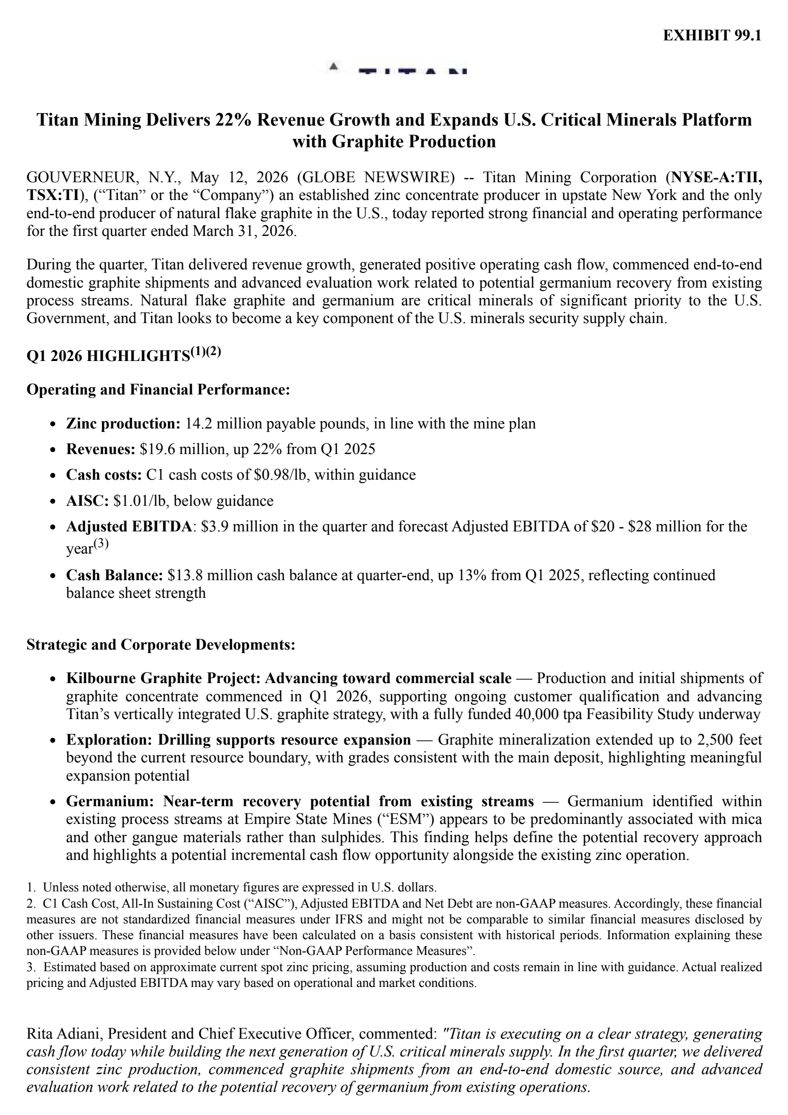Titan Mining's Q1 2026 Press Release