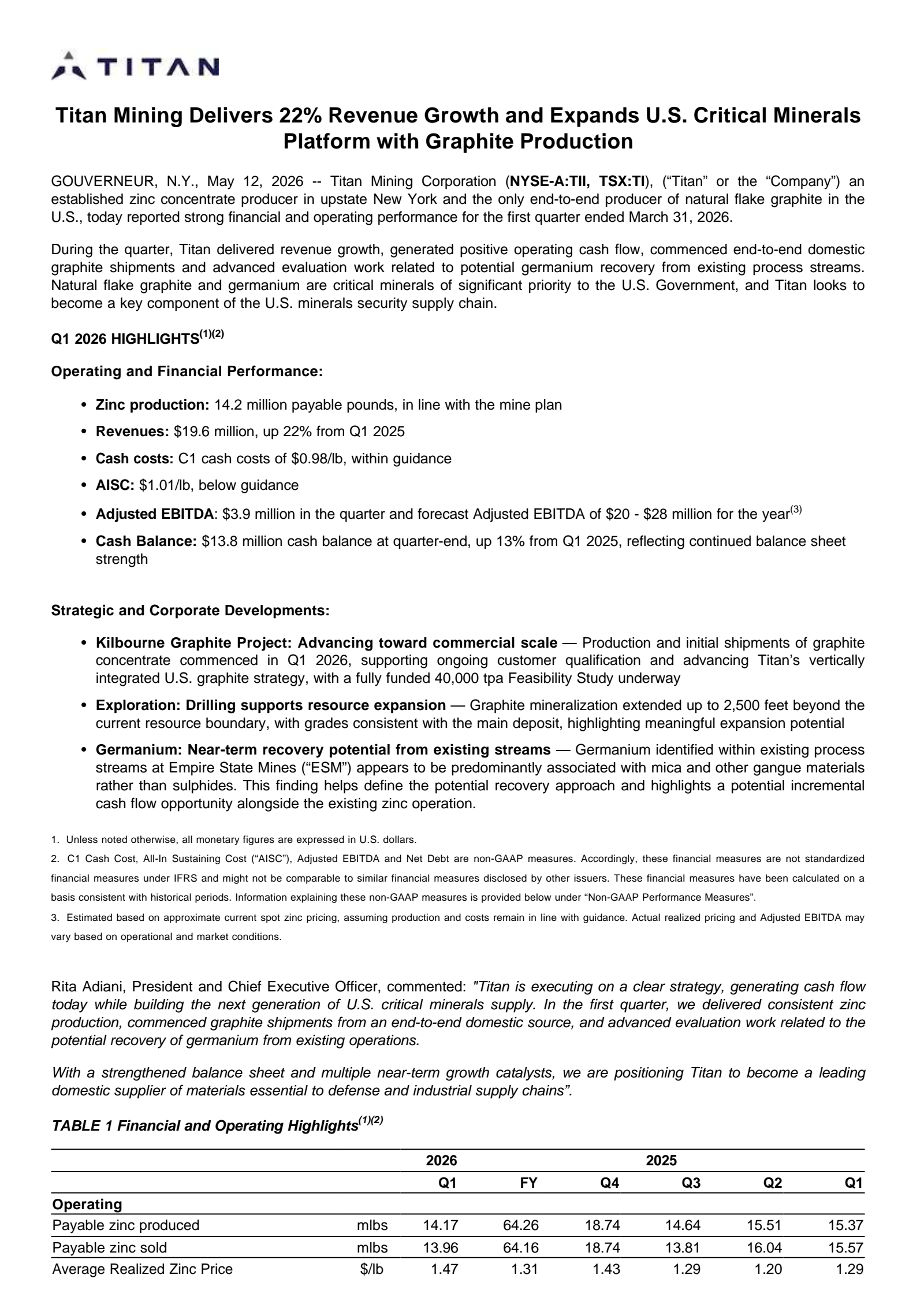 Titan Mining's Q1 2026 Press Release
