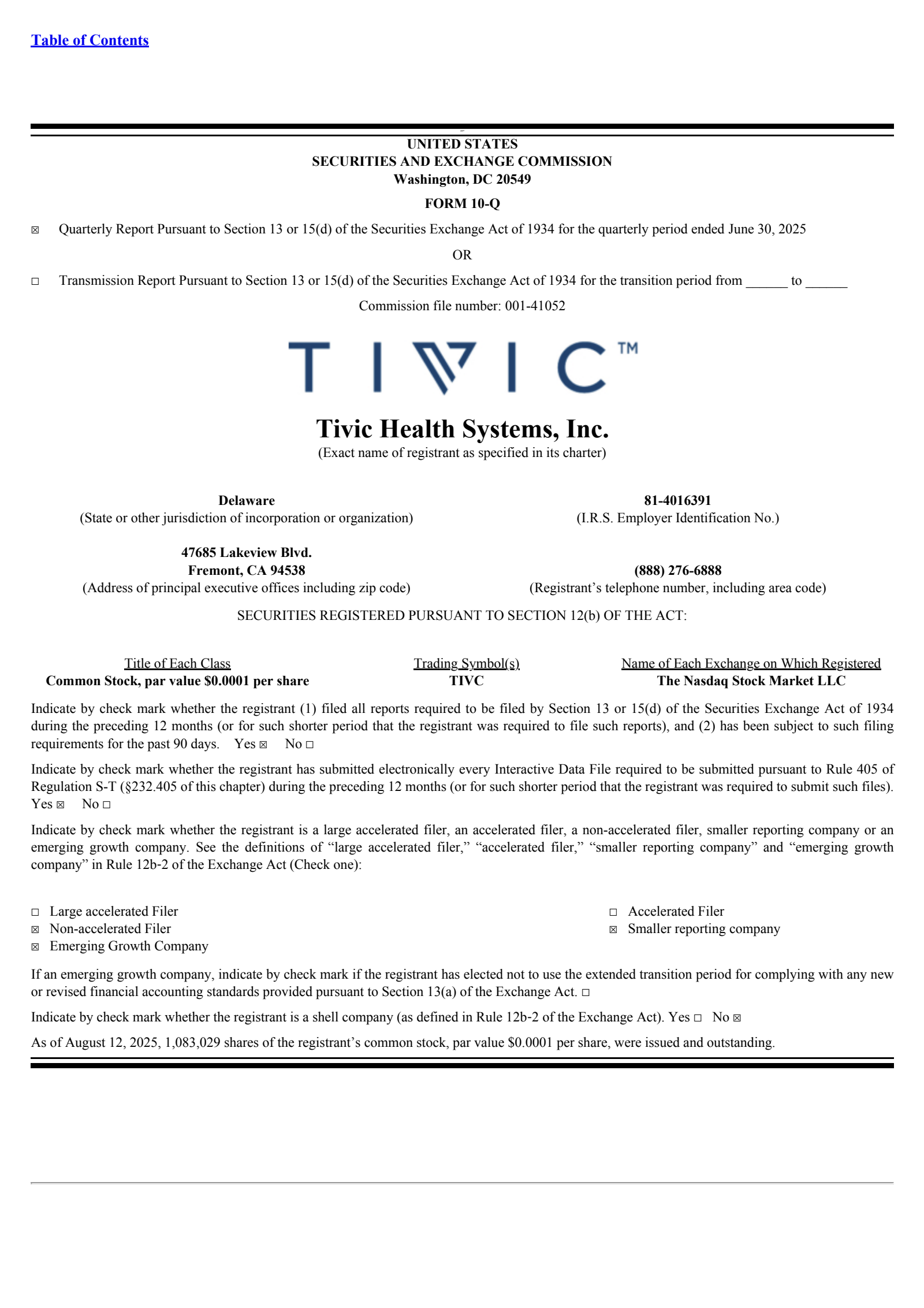 Tivic Health Systems' Q2 2025 Quarterly report