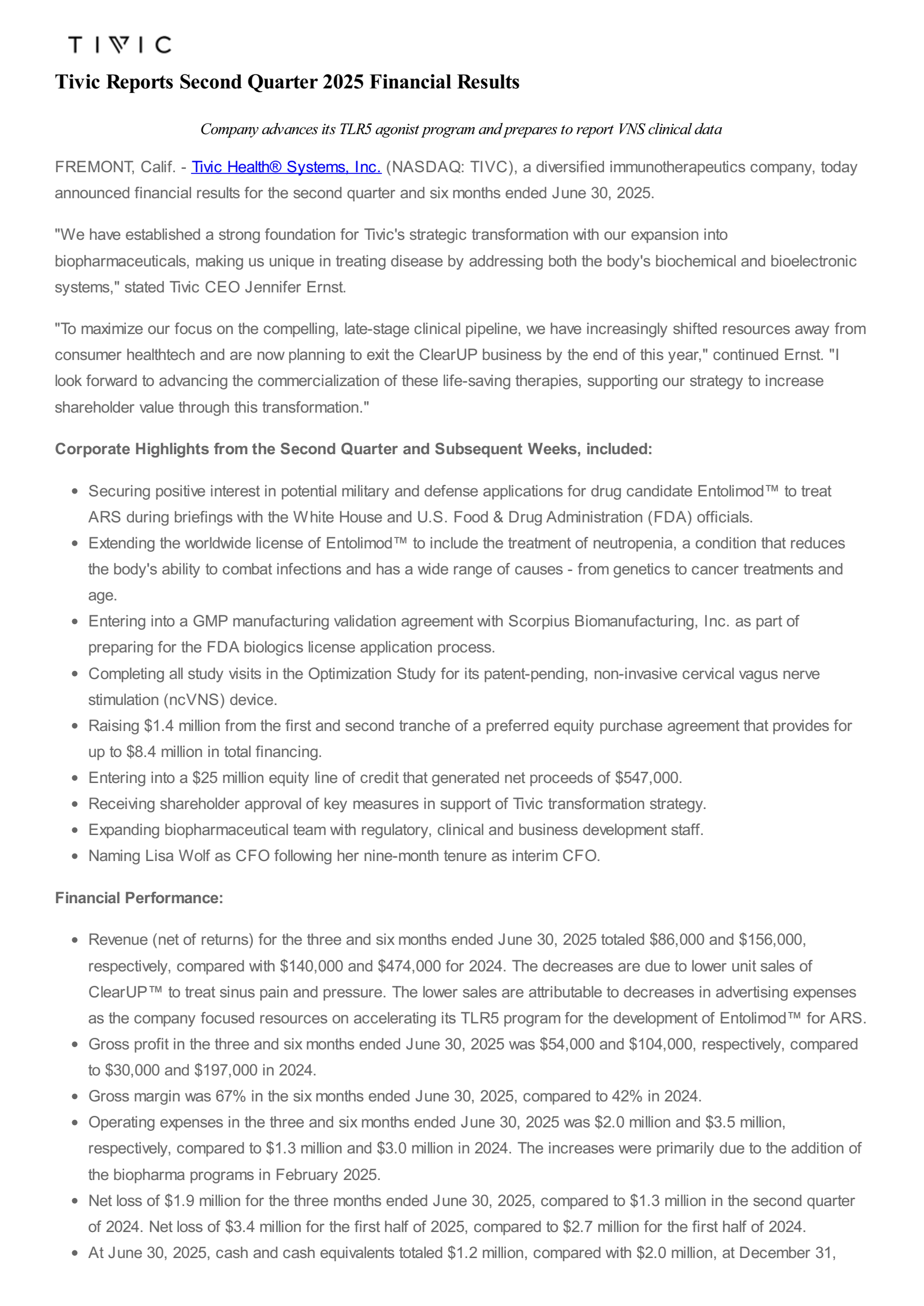 Tivic Health Systems' Q2 2025 Press Release