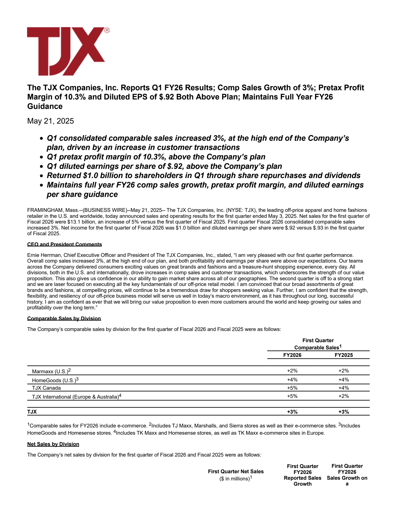 TJX Companies' Q1 2026 Press Release