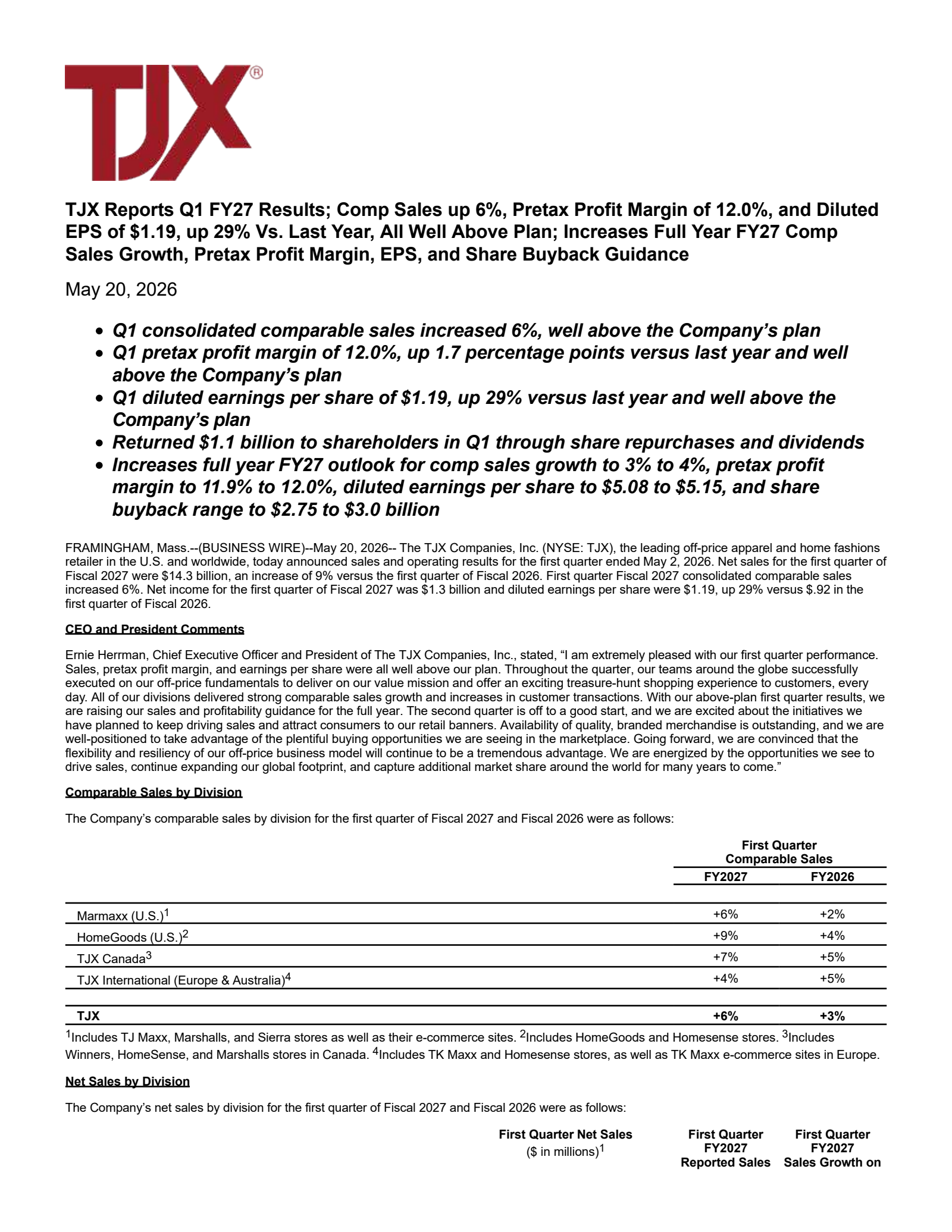 TJX Companies' Q1 2027 Press Release