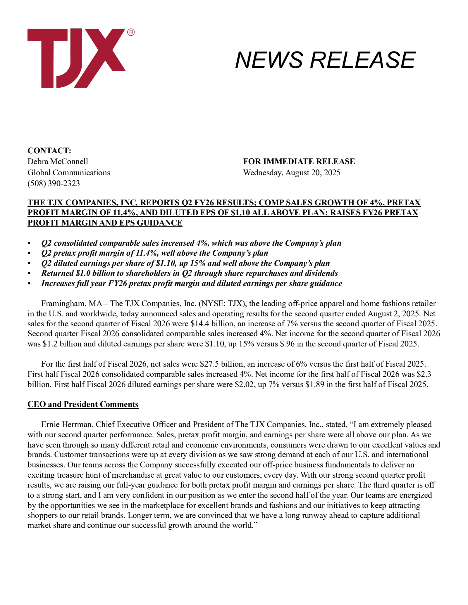 TJX Companies' Q2 2026 Press Release
