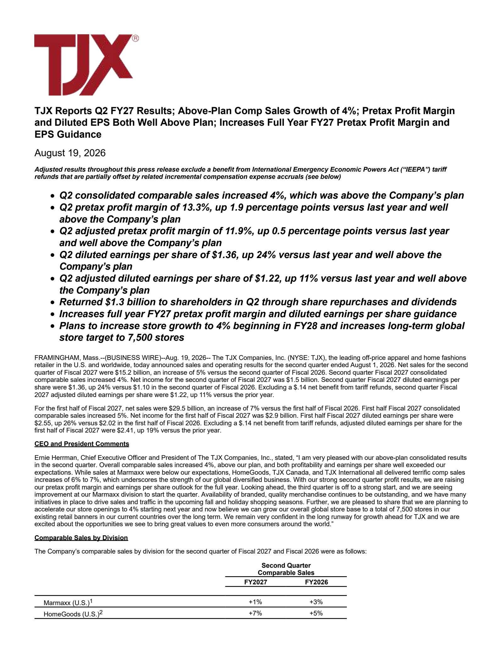 TJX Companies' Q2 2027 Press Release