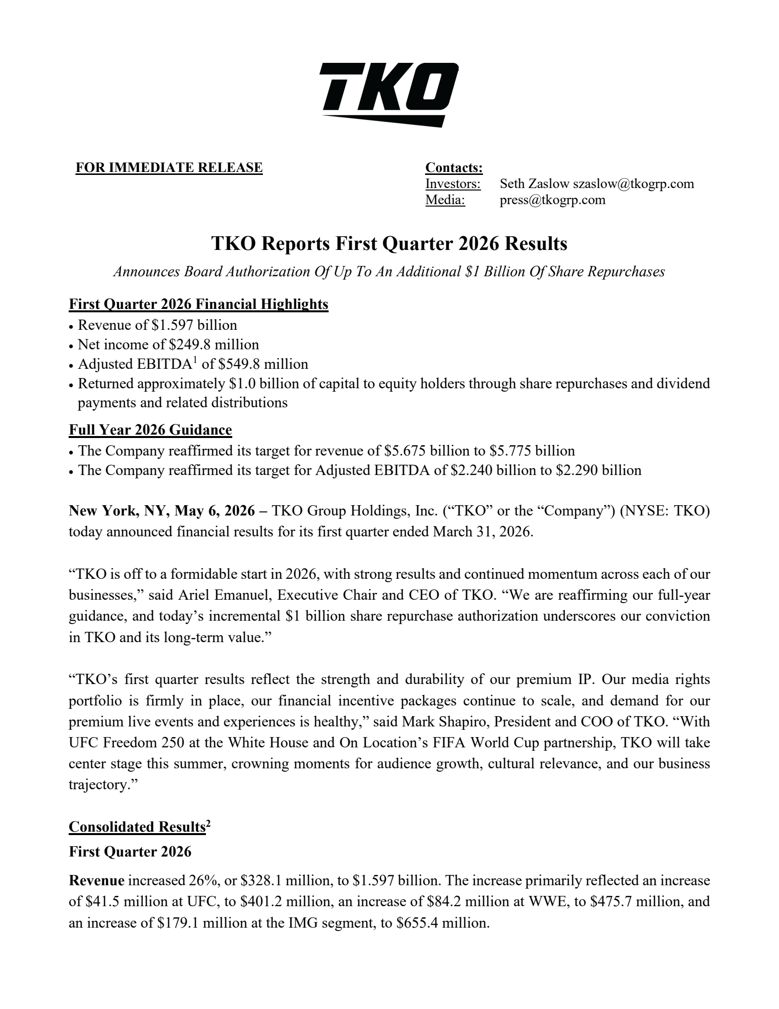 TKO Group's Q1 2026 Press Release