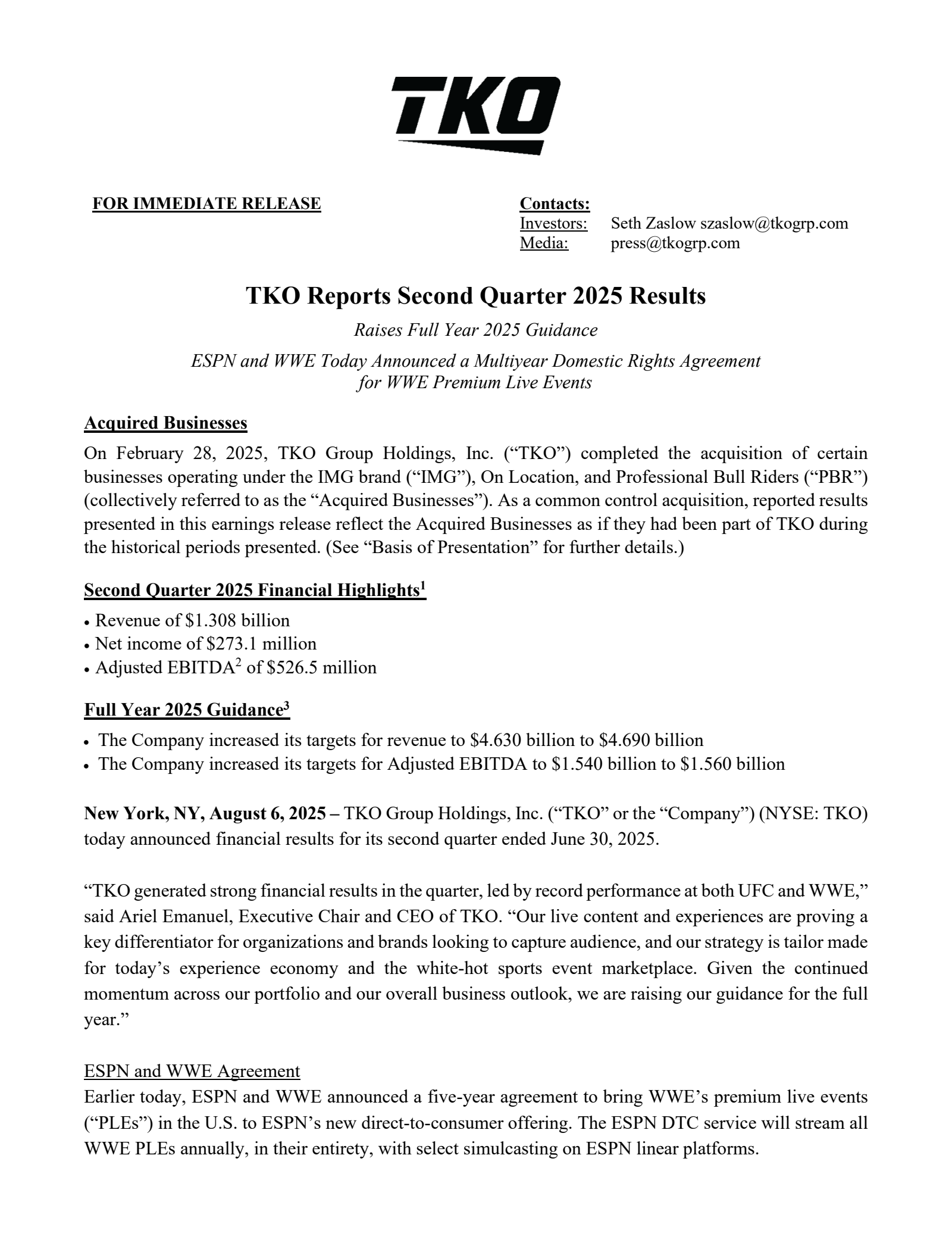 TKO Group's Q2 2025 Press Release