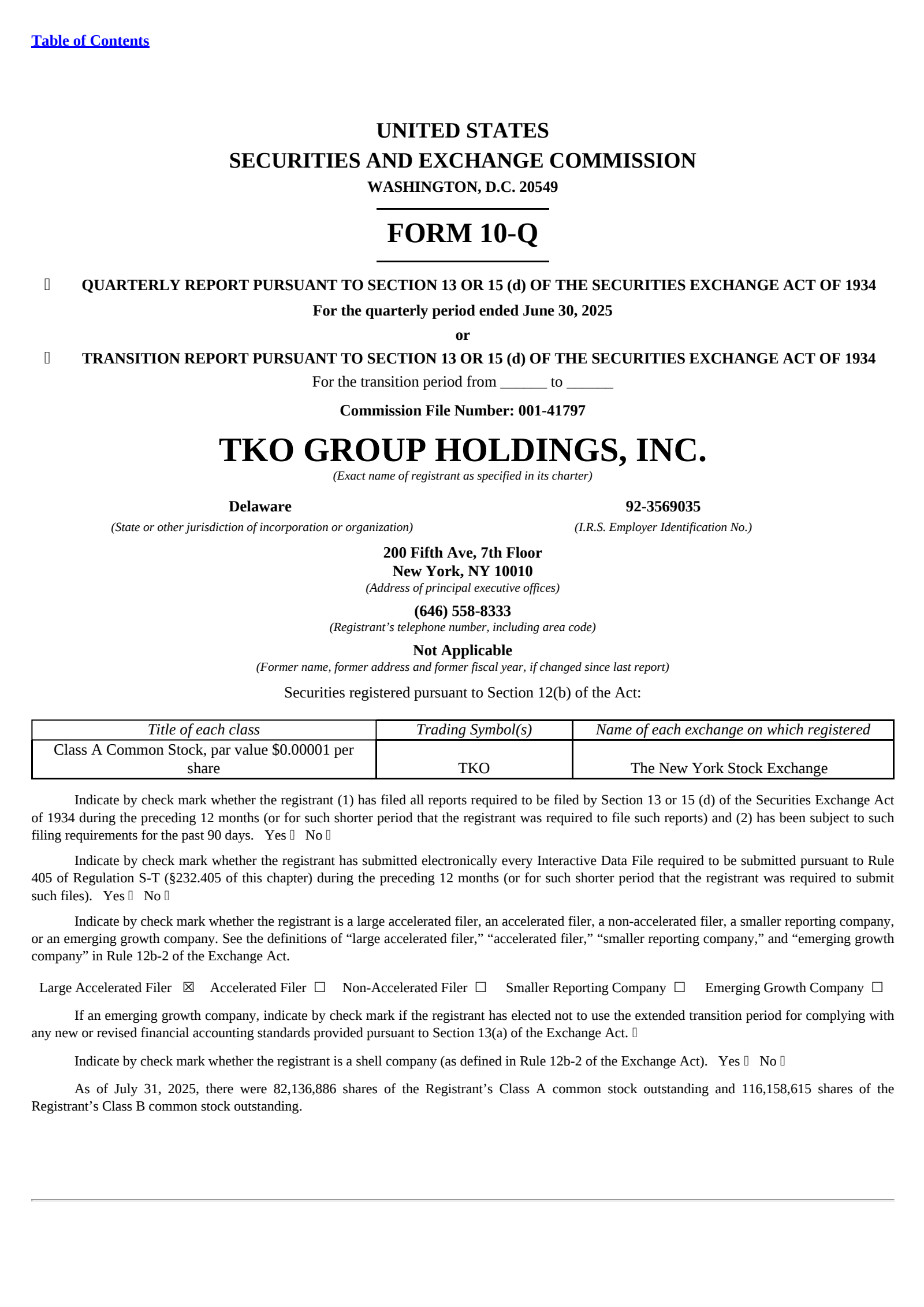 TKO Group's Q2 2025 Quarterly report