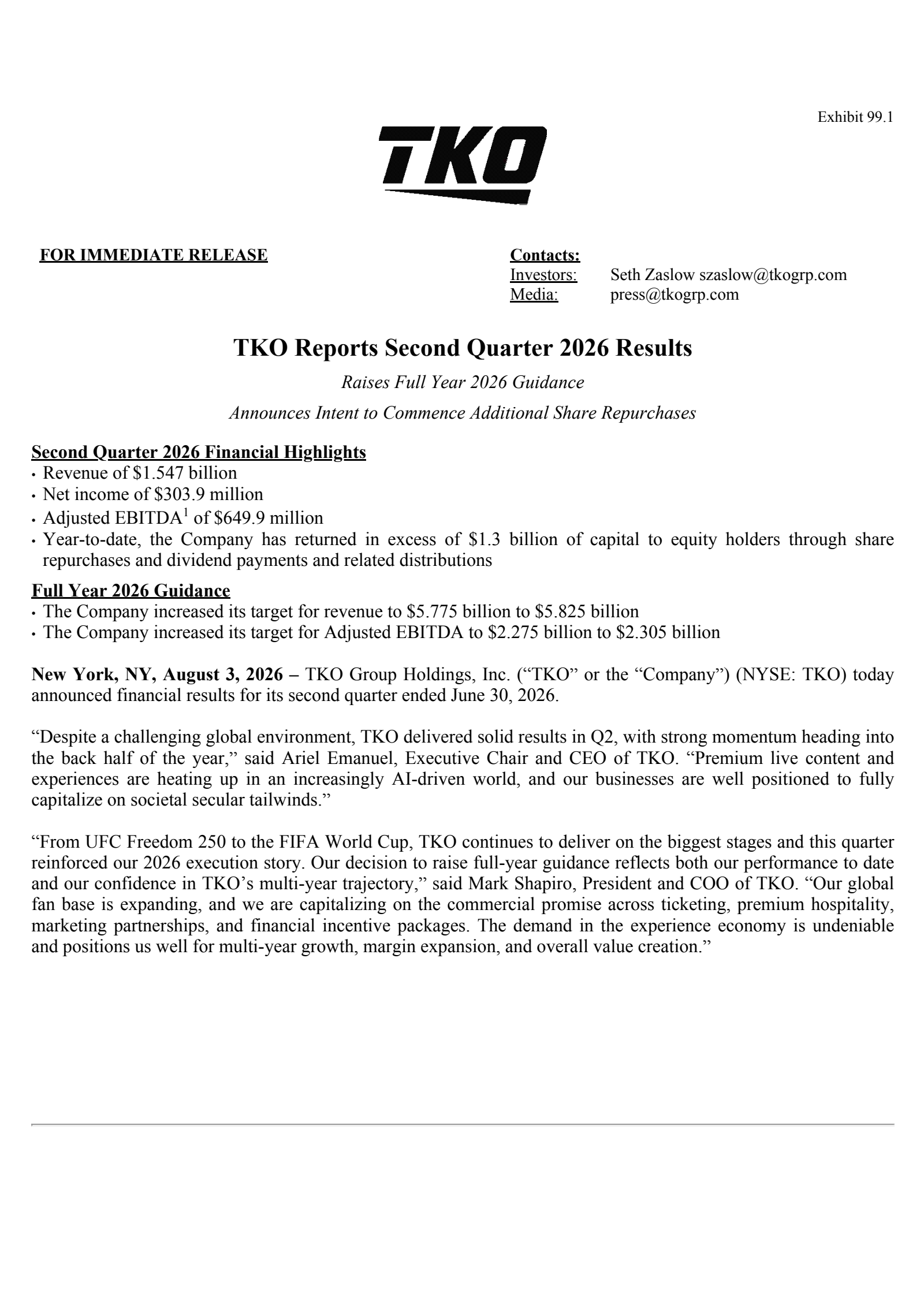 TKO Group's Q2 2026 Press Release
