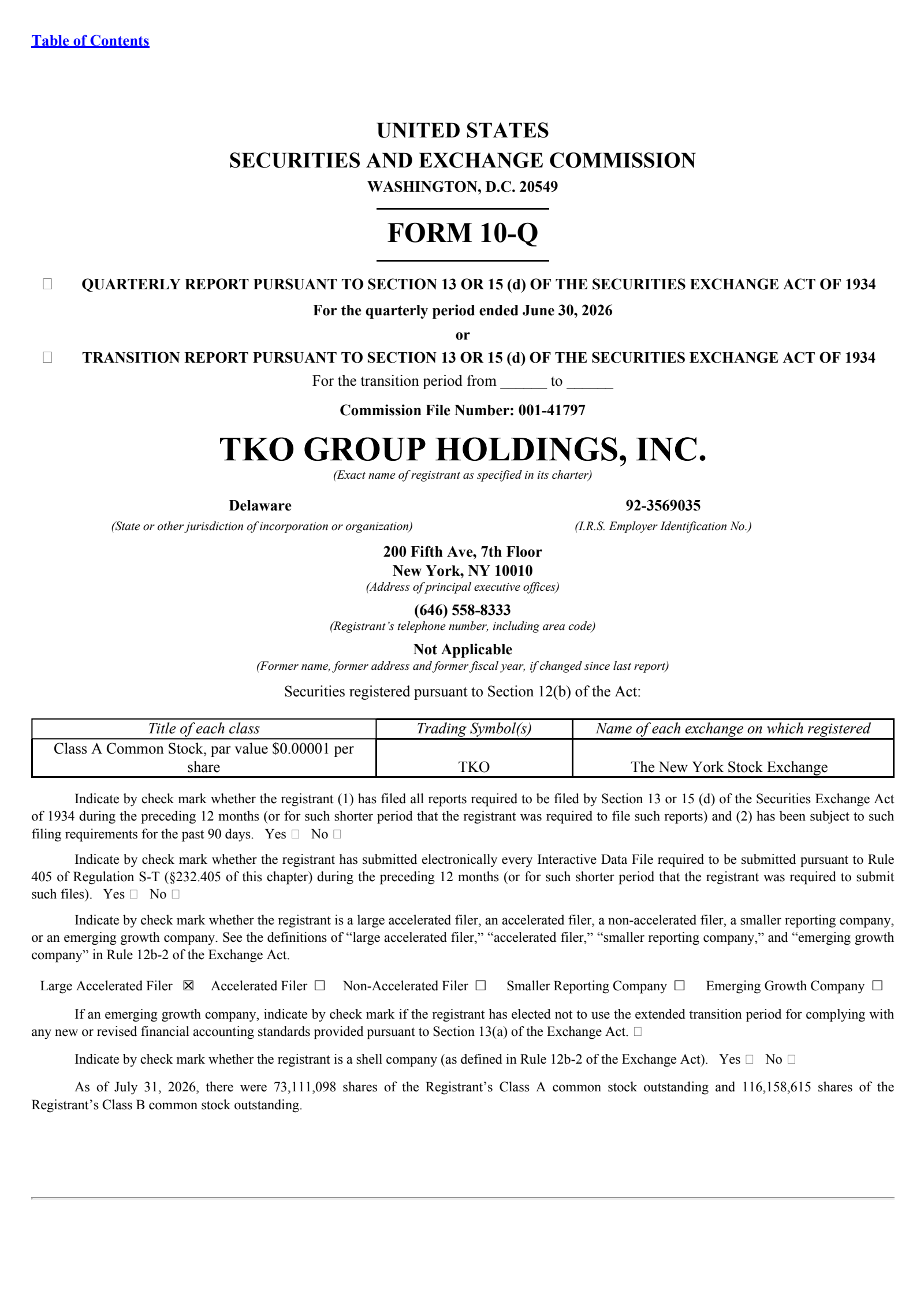TKO Group's Q2 2026 Quarterly report
