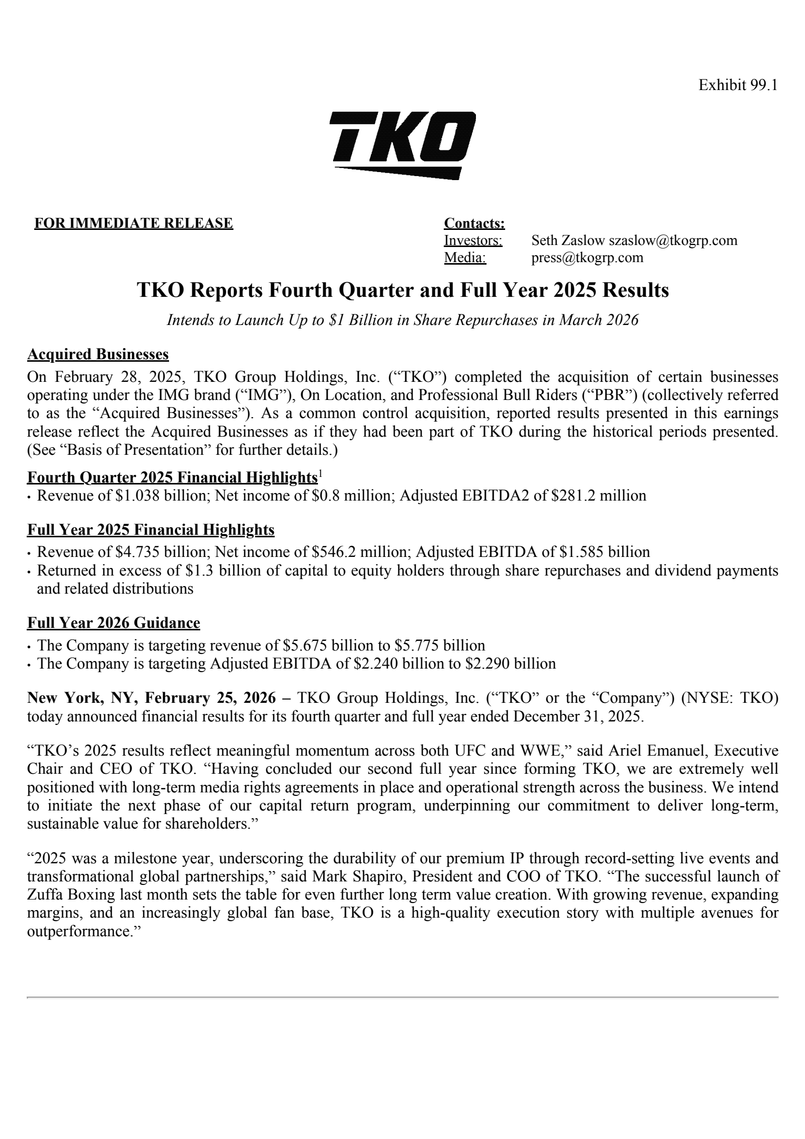TKO Group's Q4 2025 Press Release