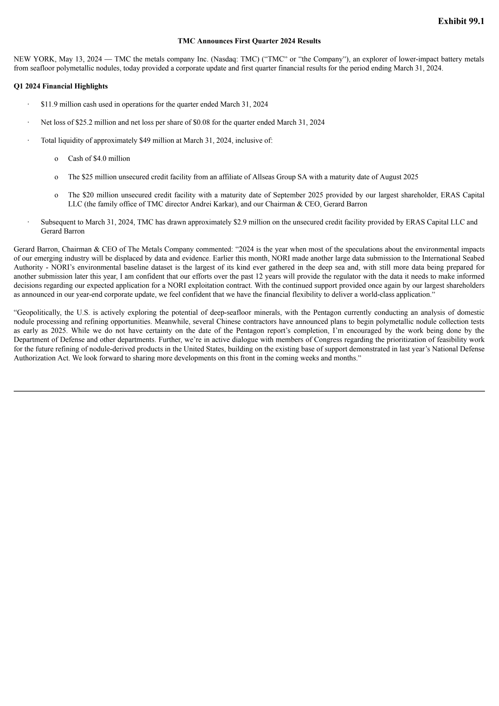 TMC the metals' Q1 2024 Press Release