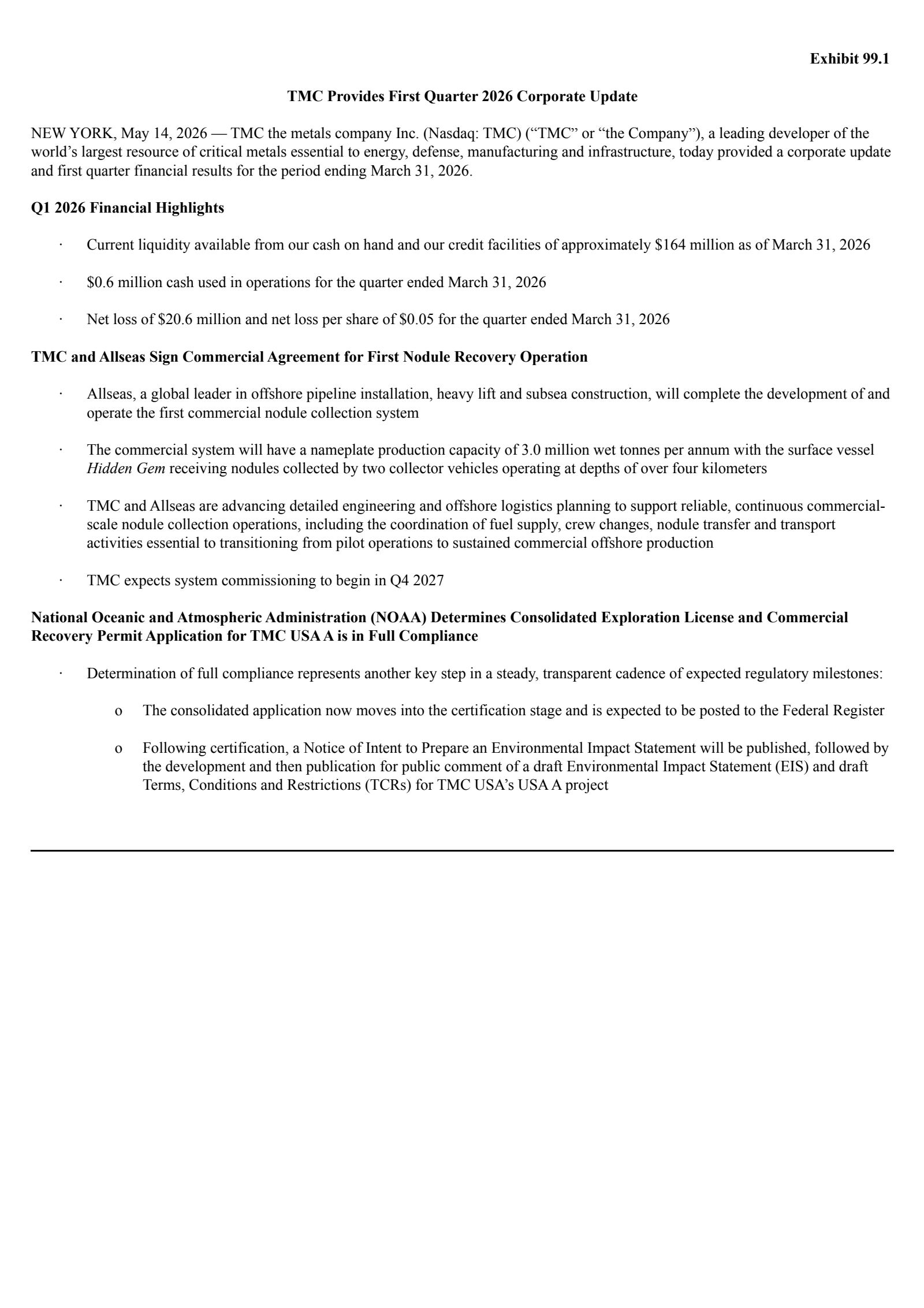 TMC the metals' Q1 2026 Press Release