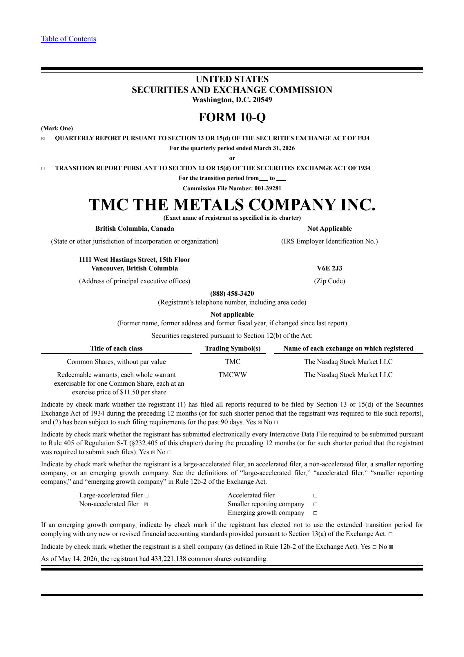 TMC the metals' Q1 2026 Quarterly report