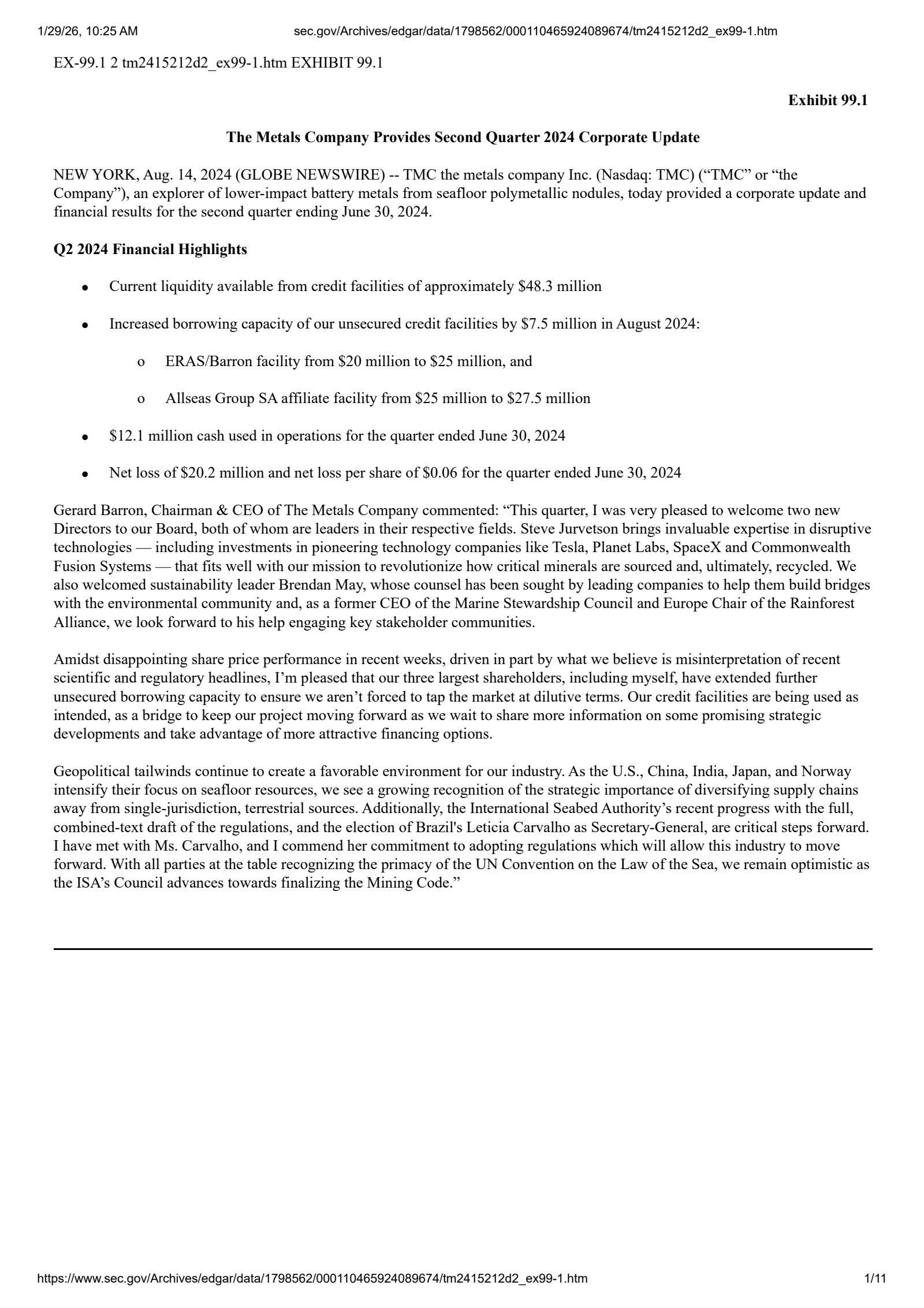 TMC the metals' Q2 2024 Press Release