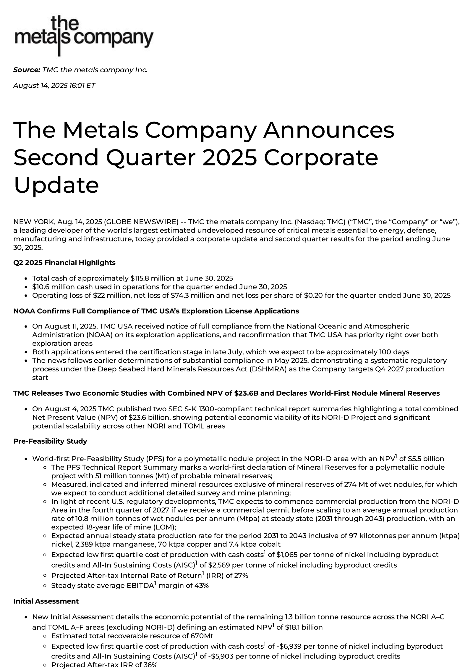 TMC the metals' Q2 2025 Press Release