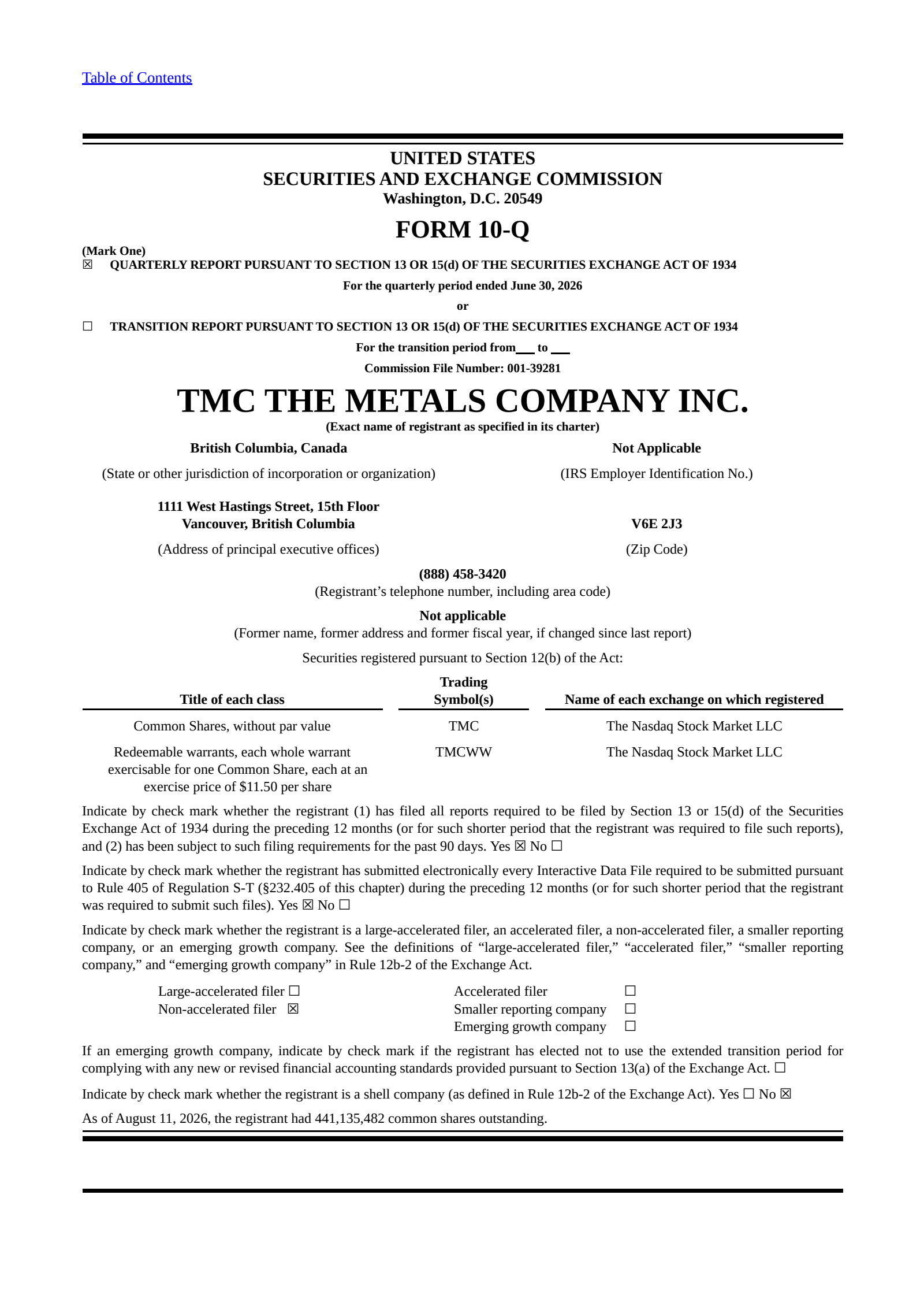TMC the metals' Q2 2026 Quarterly report