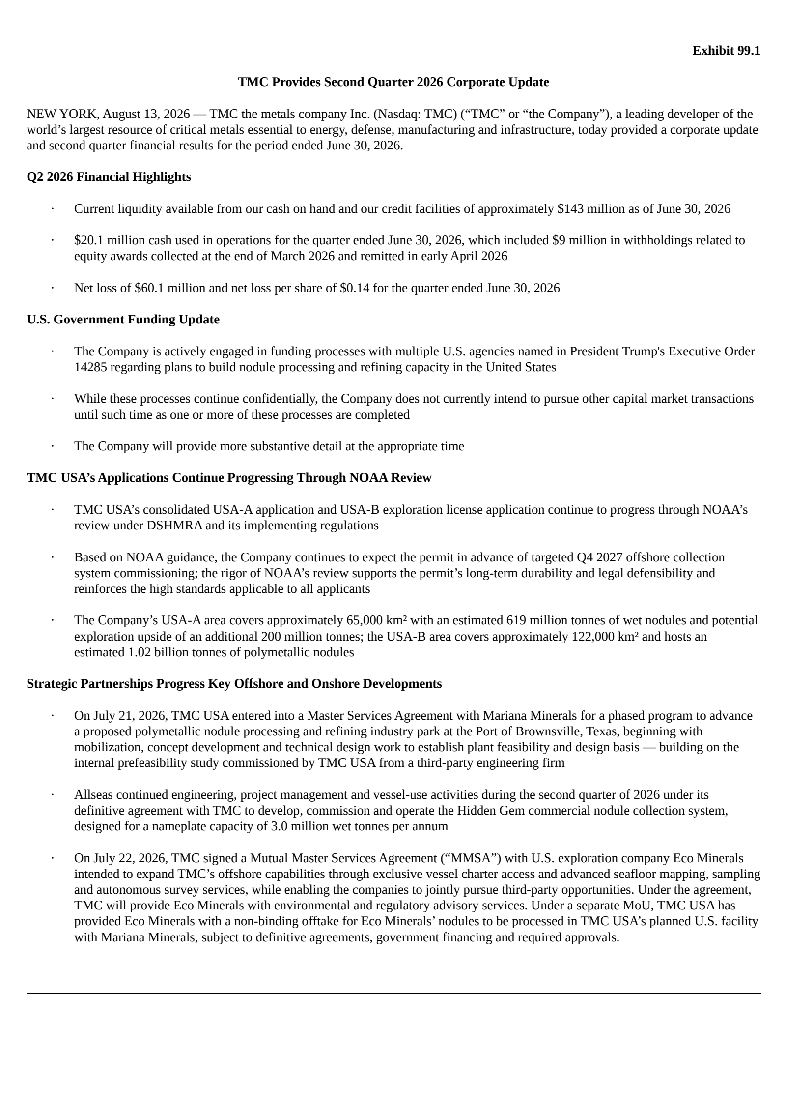 TMC the metals' Q2 2026 Press Release