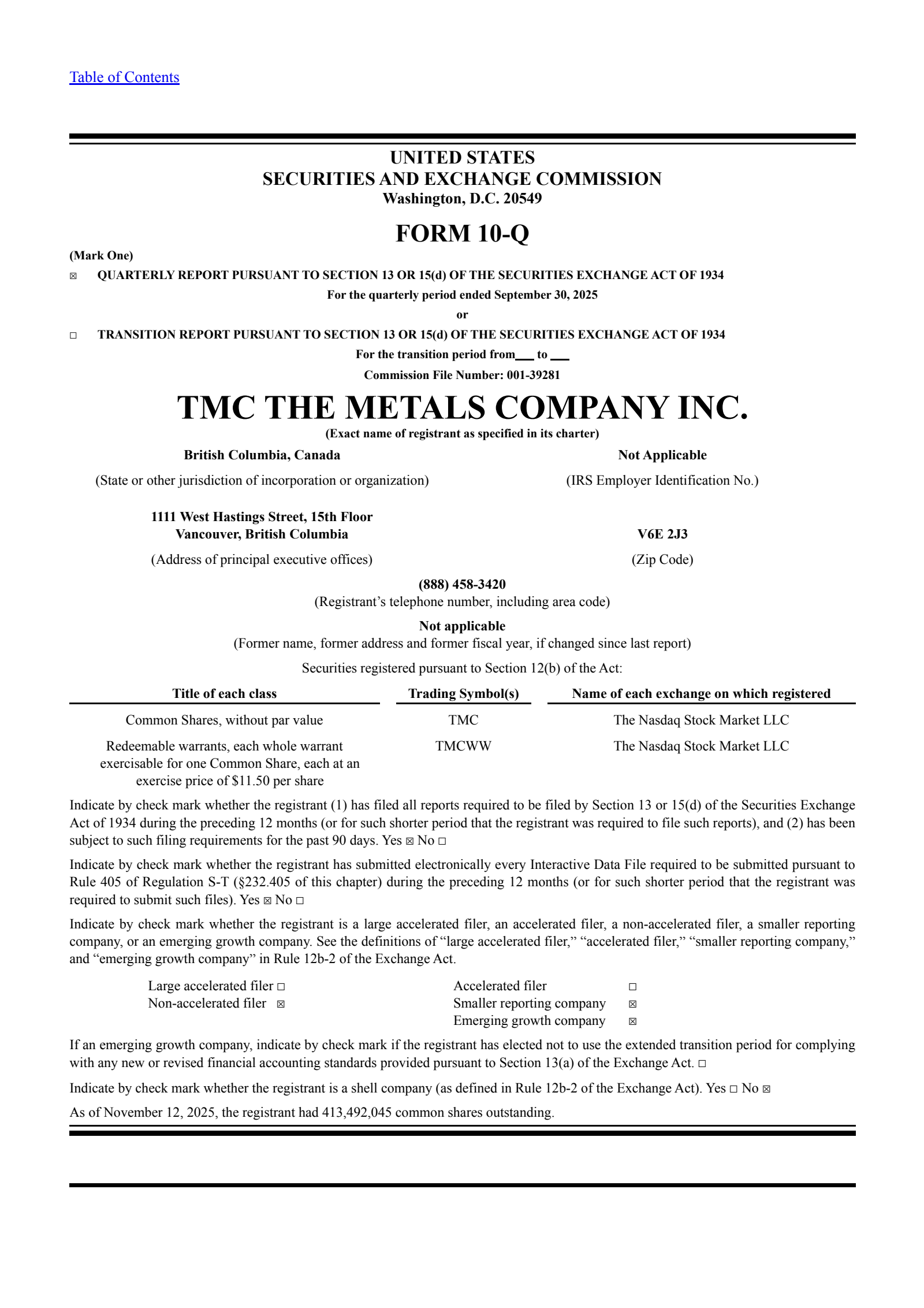 TMC the metals' Q3 2025 Quarterly Report