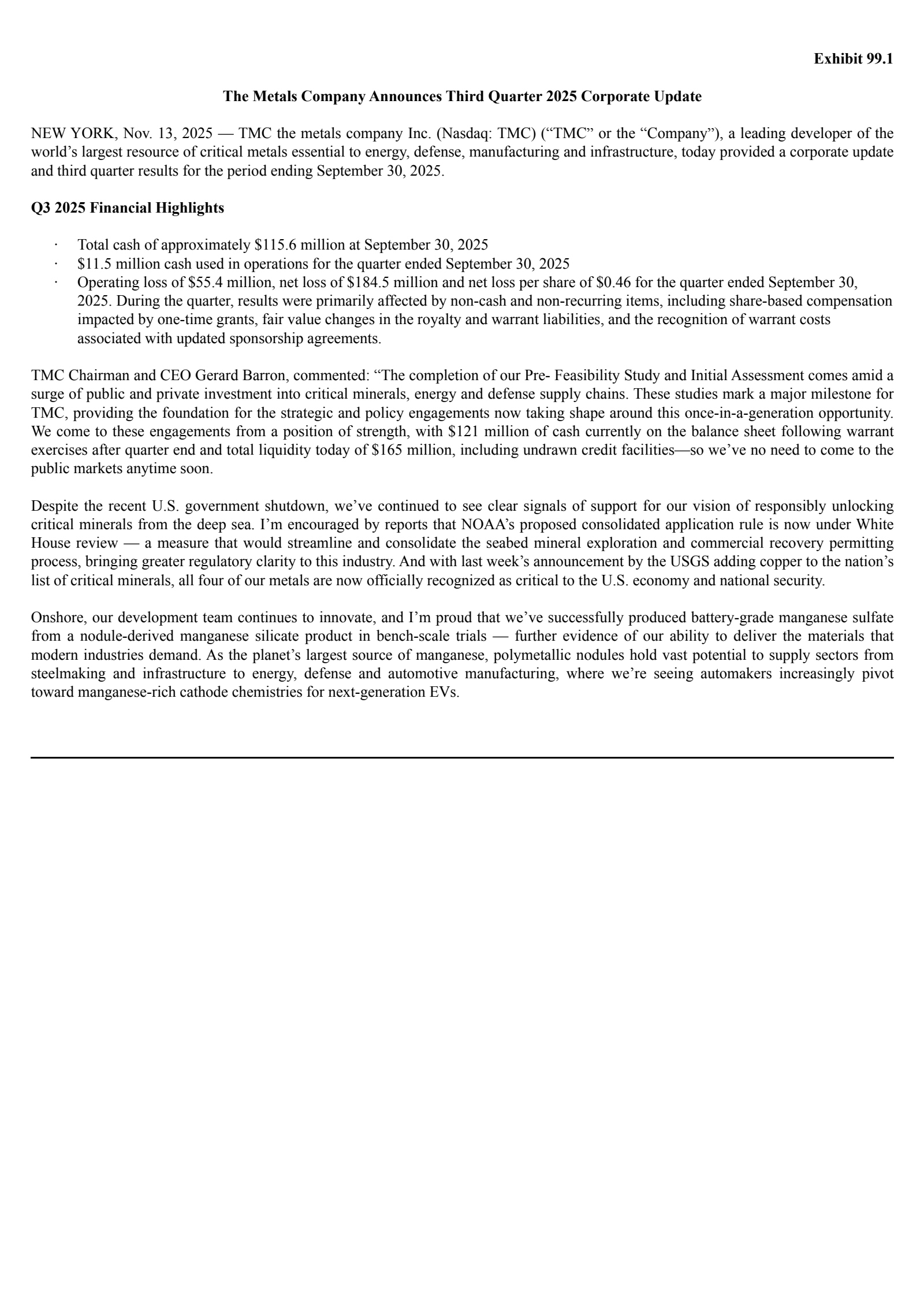 TMC the metals' Q3 2025 Earnings Release