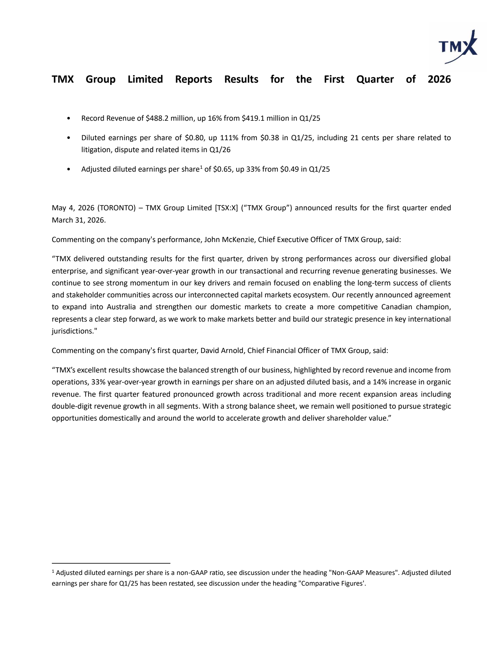 TMX Group's Q1 2026 Press Release