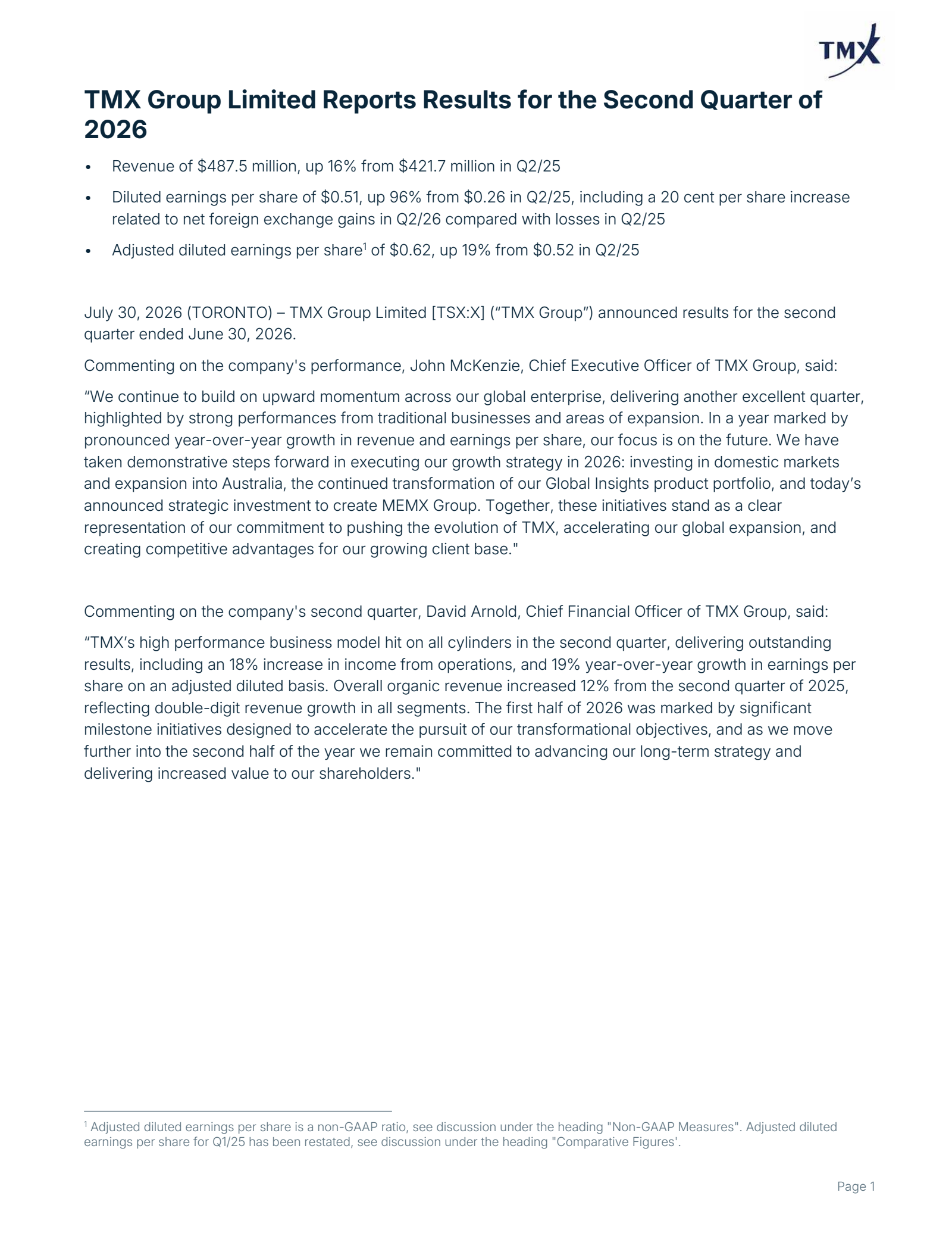 TMX Group's Q2 2026 Press Release