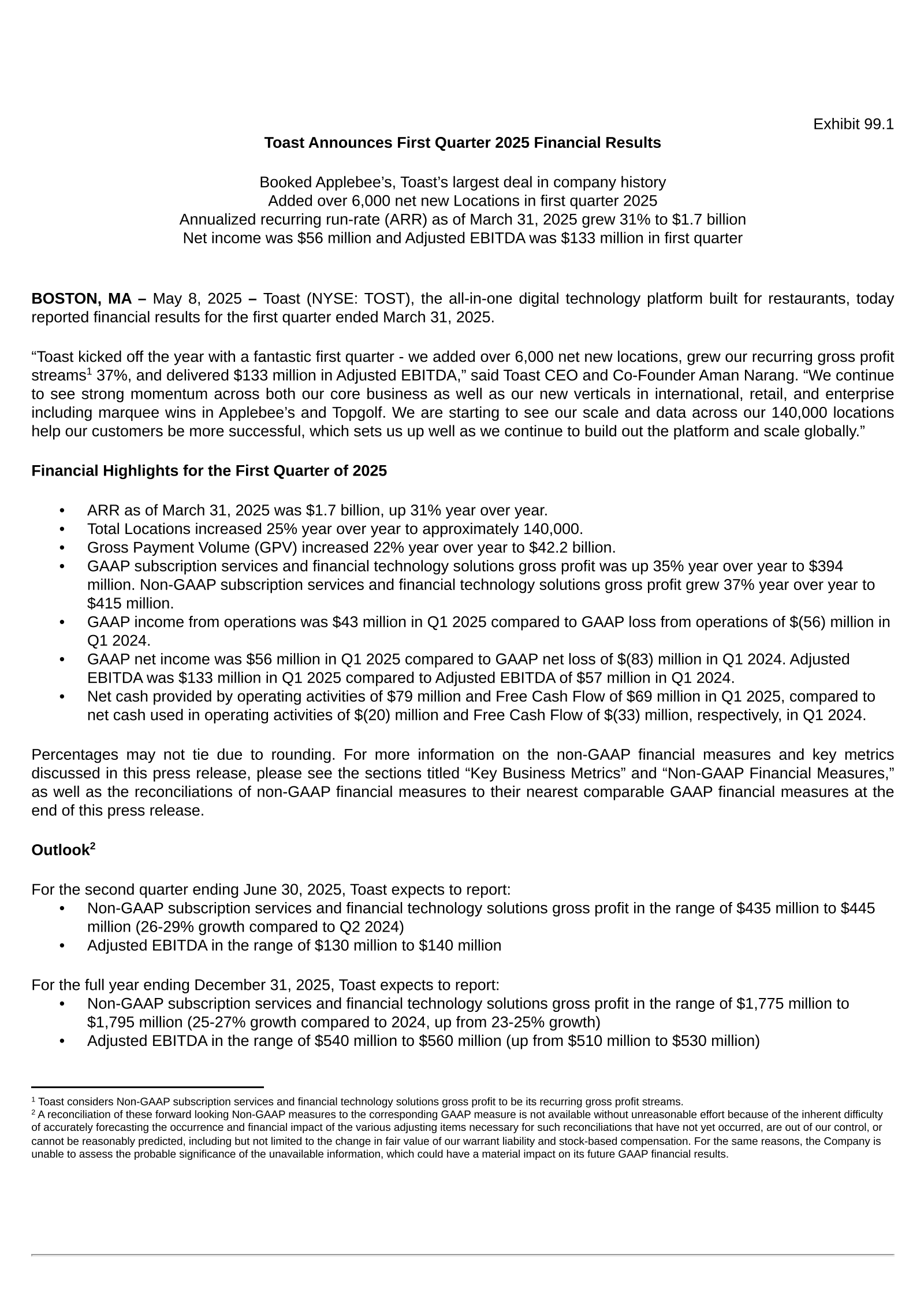 Toast's Q1 2025 Press Release