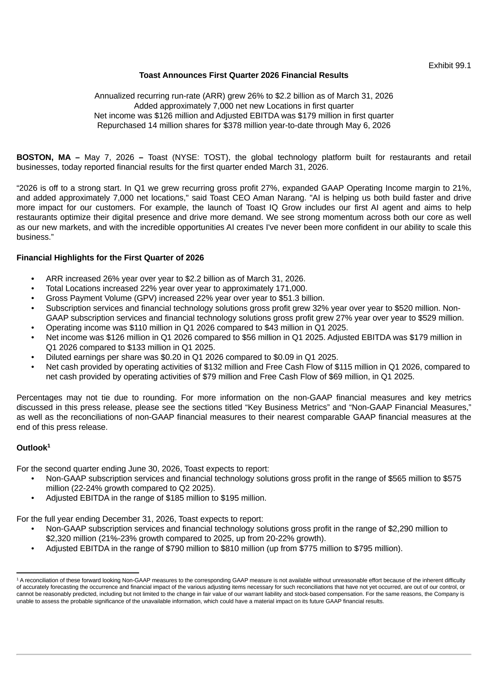 Toast's Q1 2026 Press Release