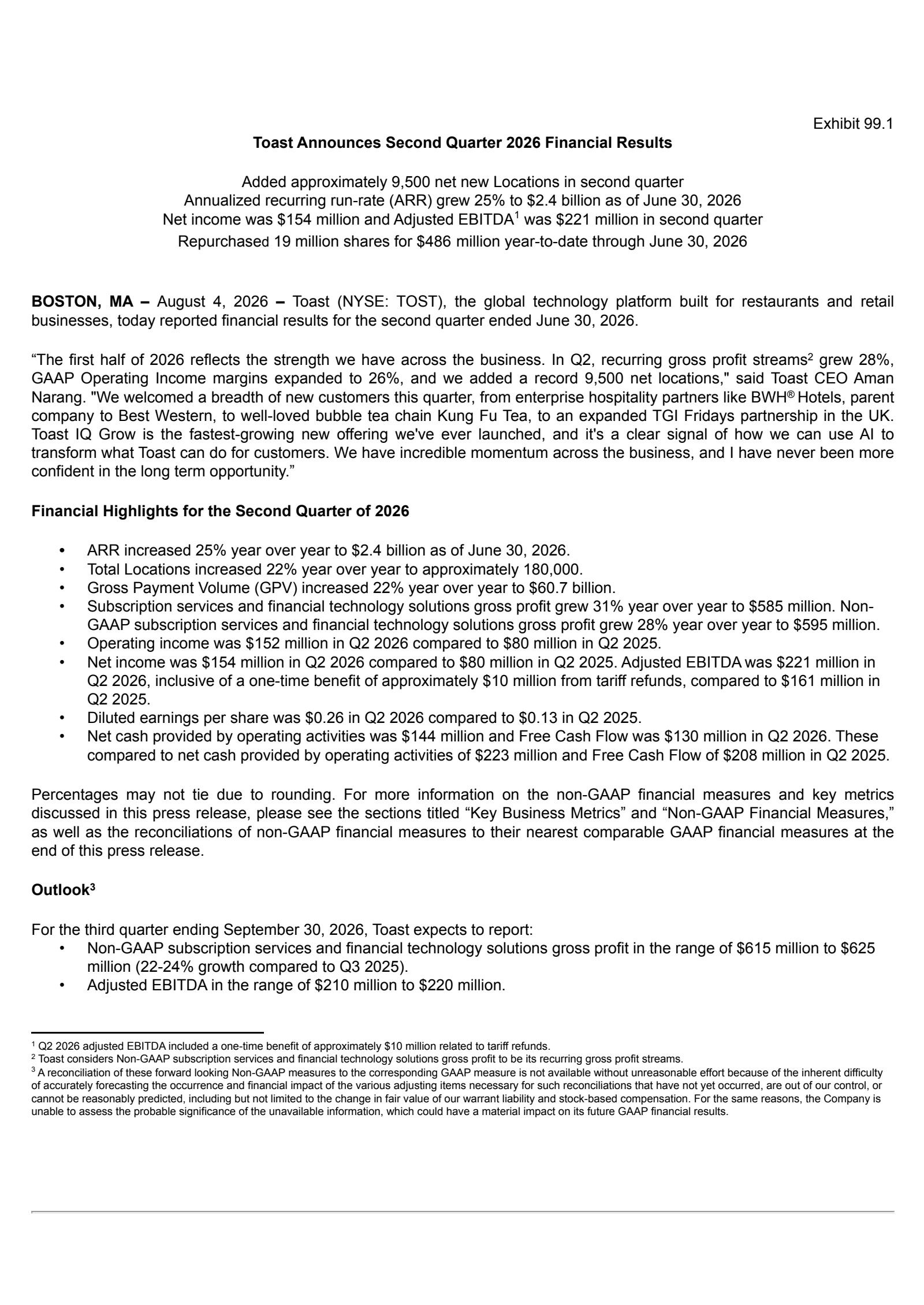 Toast's Q2 2026 Press Release