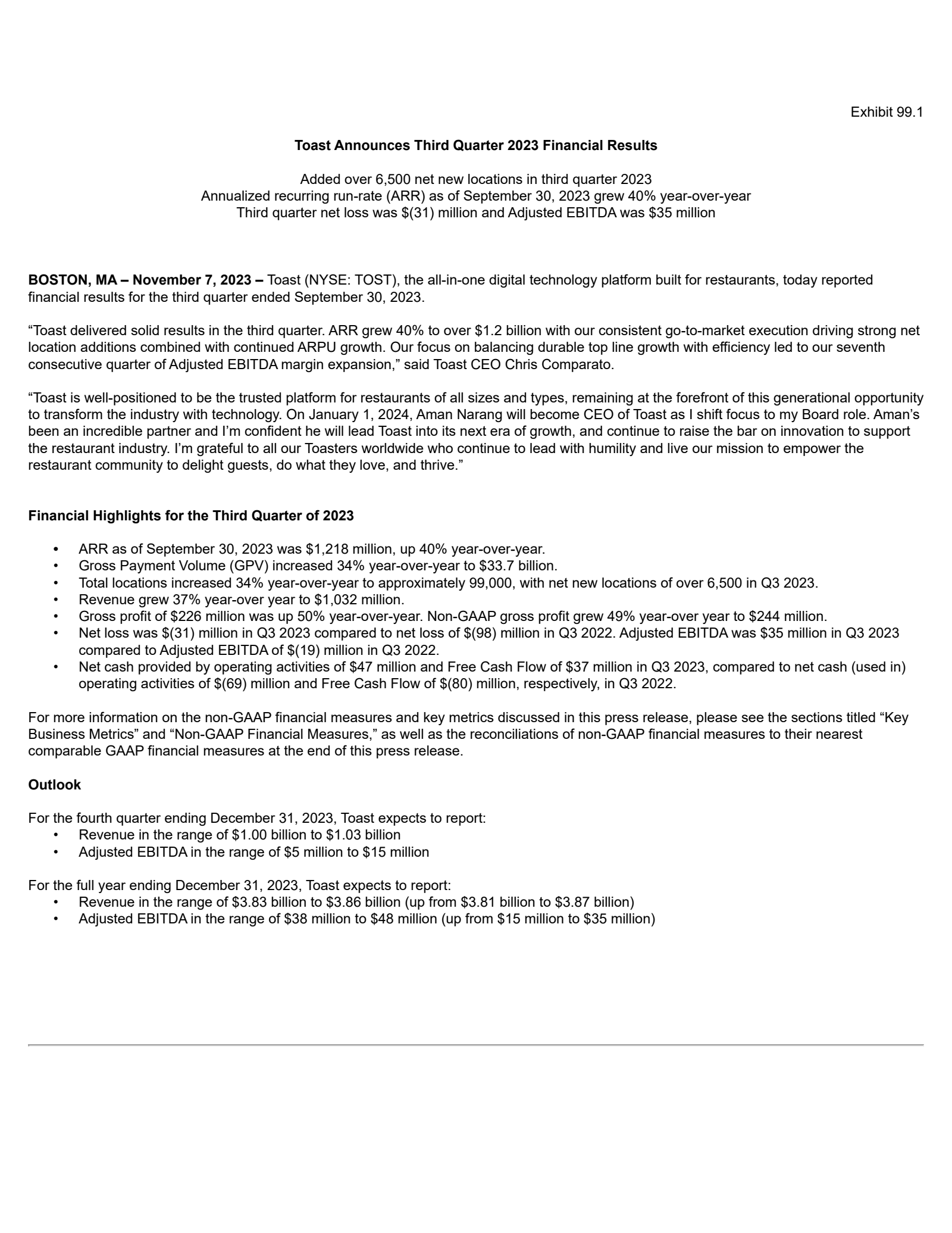 Toast's Q3 2023 Press Release