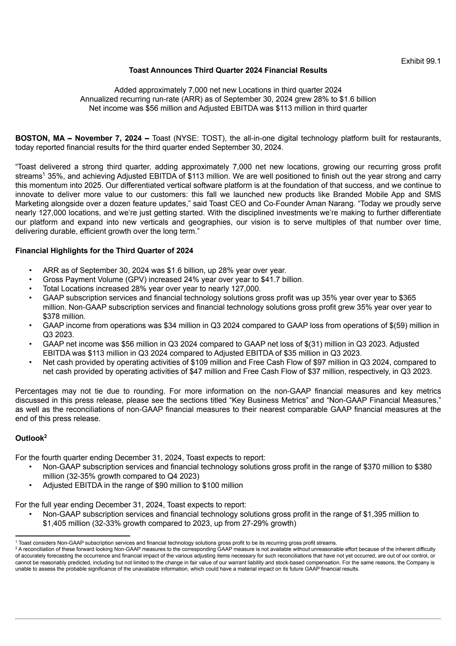 Toast Report TOST Q3 2024 Earnings Report on 11/7/2024