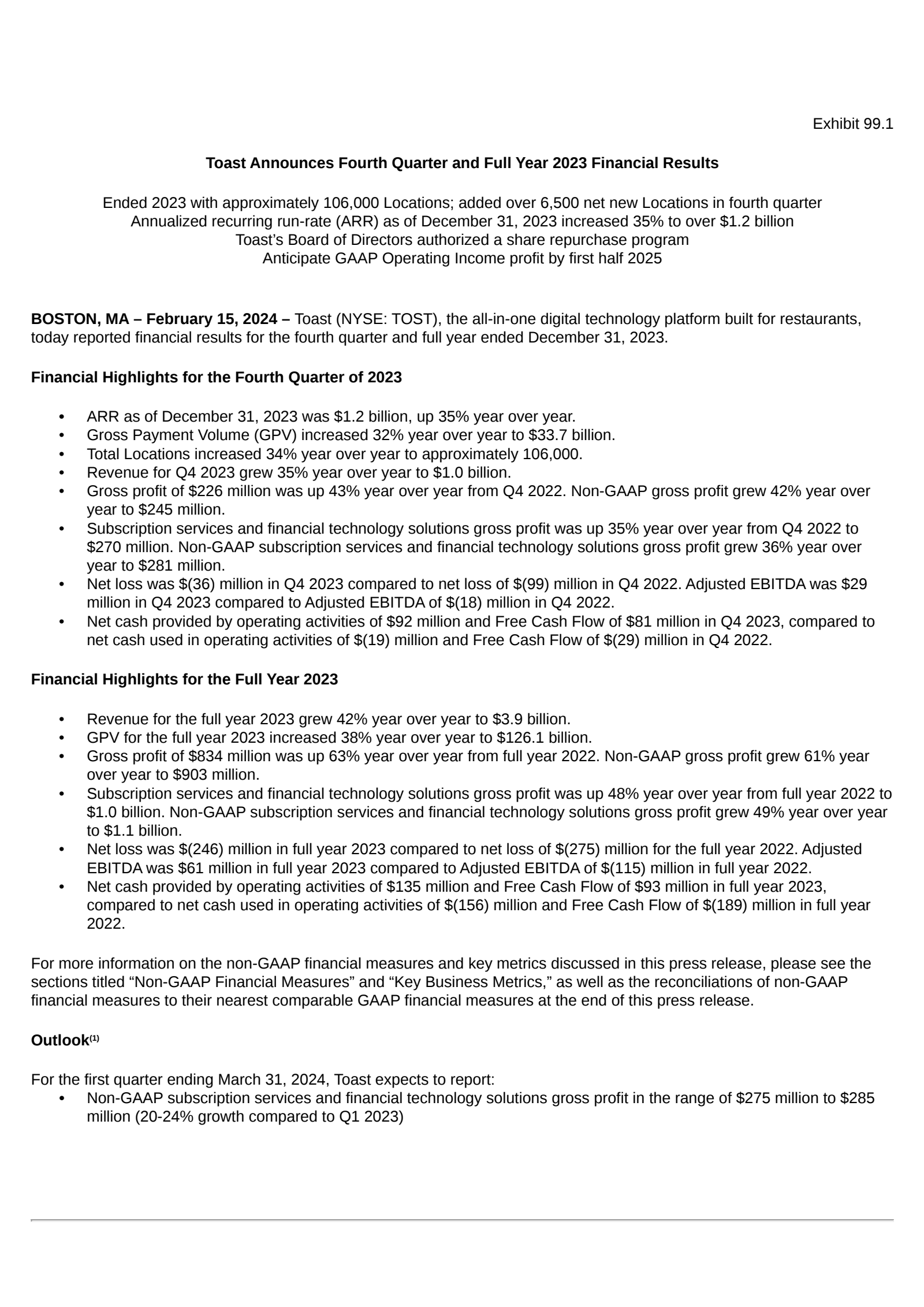 Toast Report TOST Q4 2023 Earnings Report on 2/15/2024