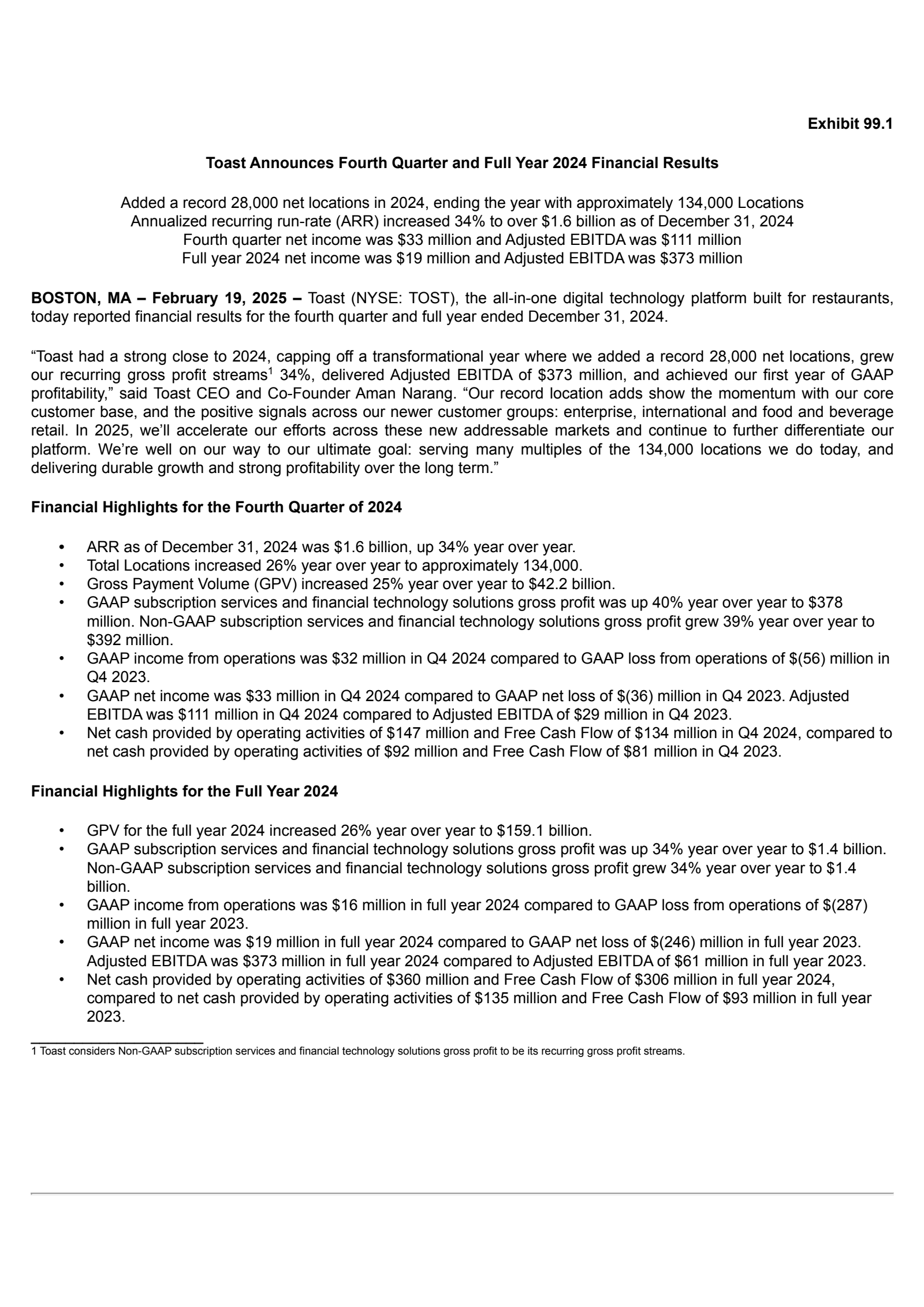 Toast Report TOST Q4 2024 Earnings Report on 2/19/2025