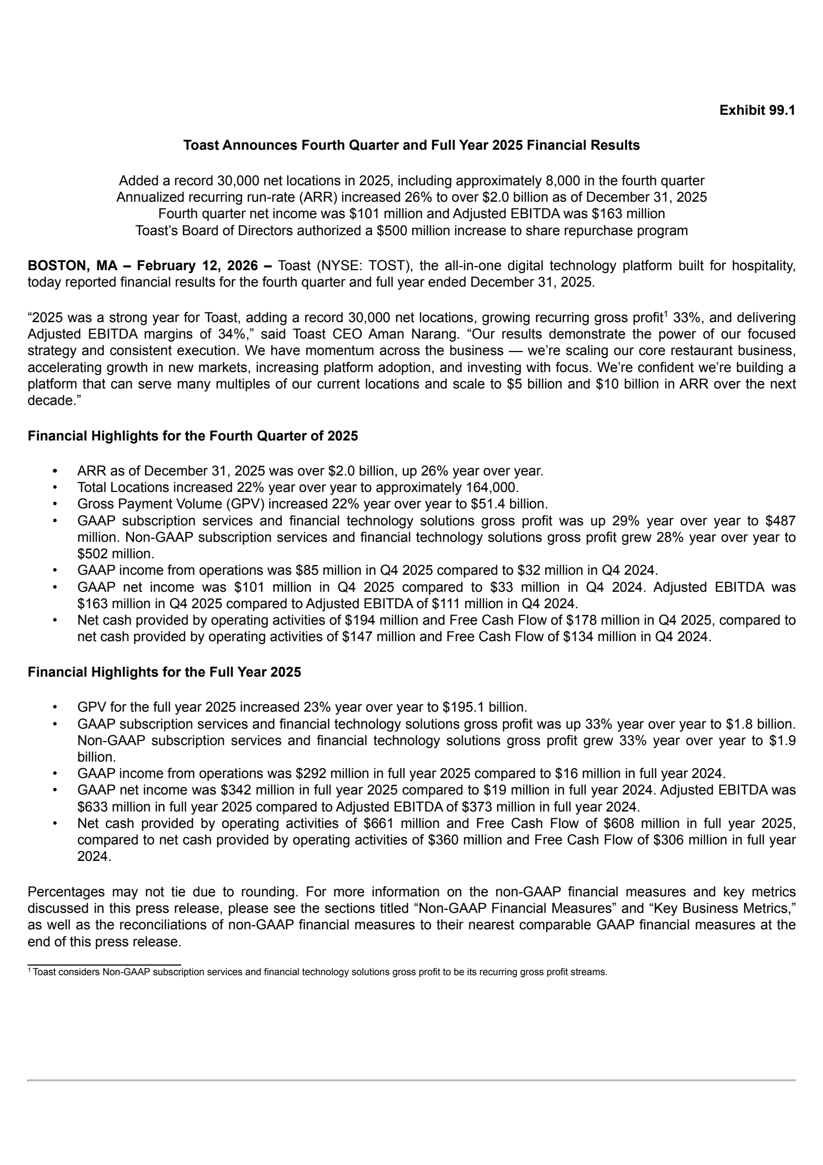 Toast's Q4 2025 Press Release