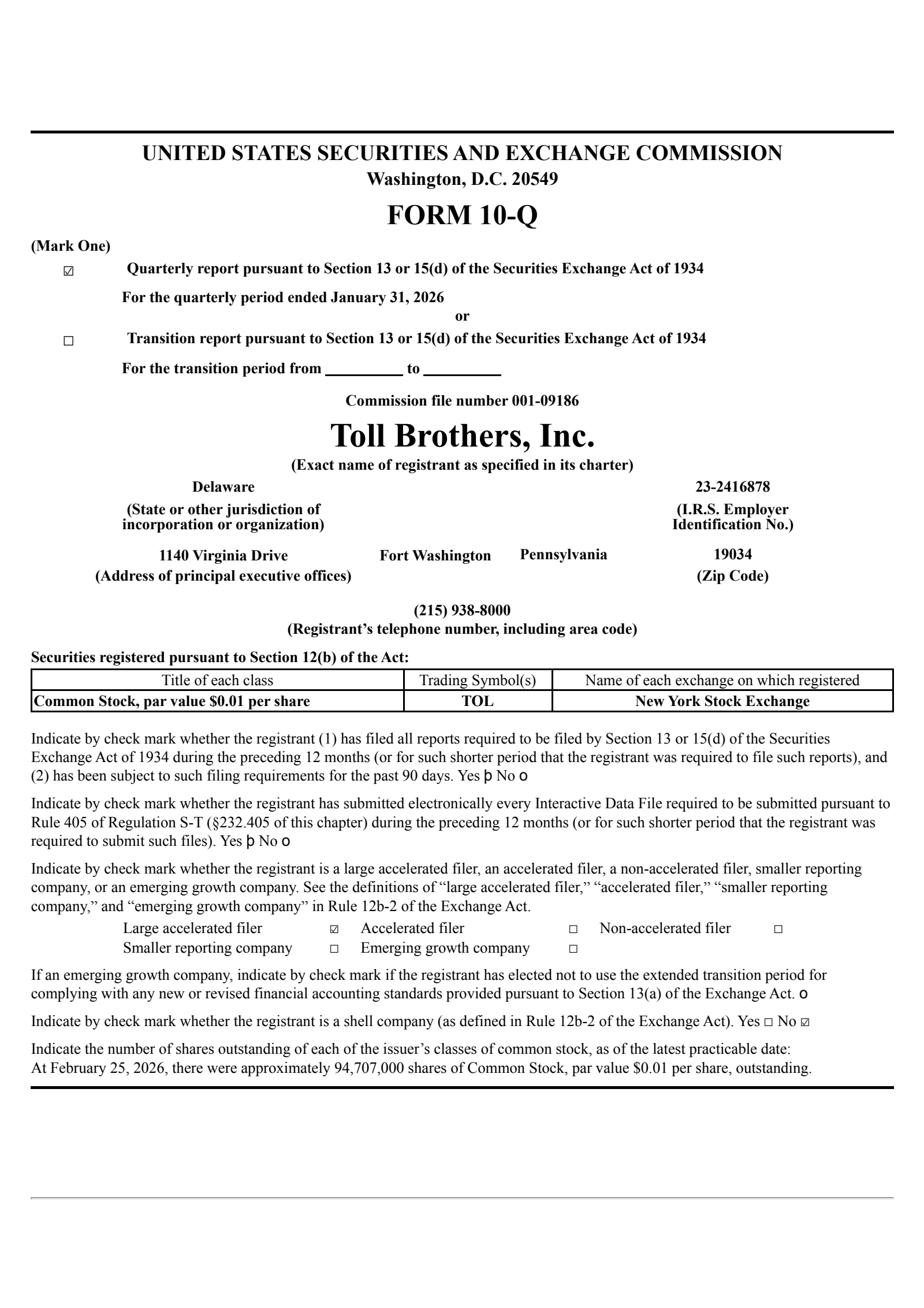 Toll Brothers' Q1 2026 Quarterly report