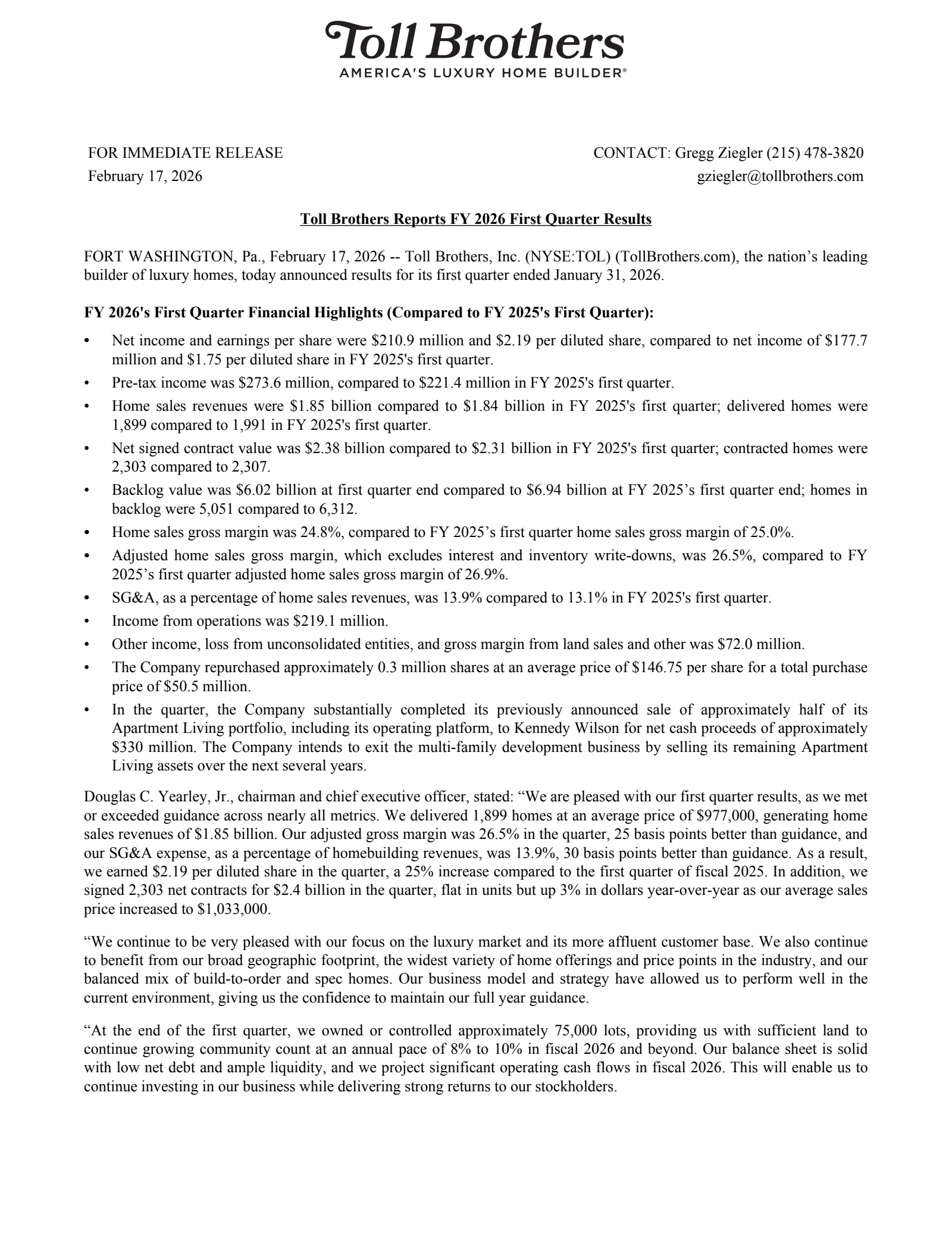 Toll Brothers' Q1 2026 Press Release