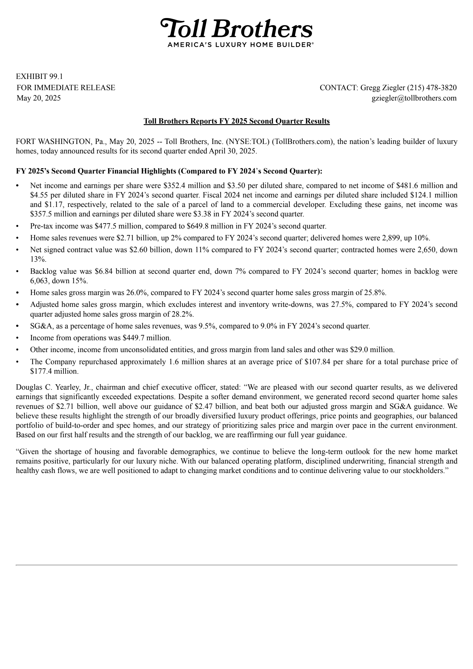 TOL Q2 2025 Earnings Report on 5/20/2025