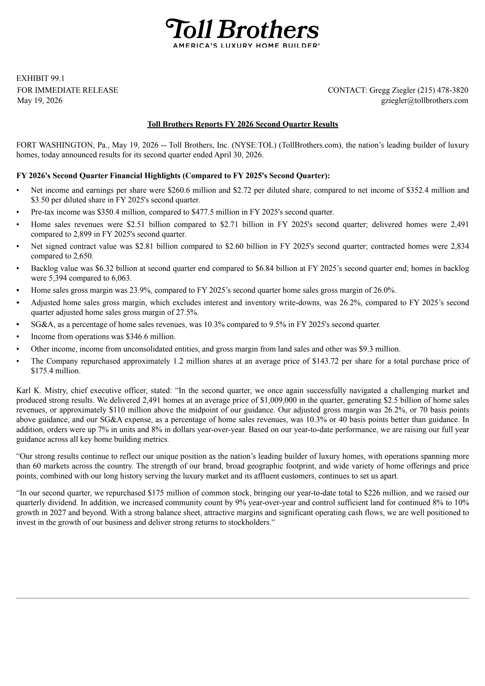 Toll Brothers' Q2 2026 Press Release