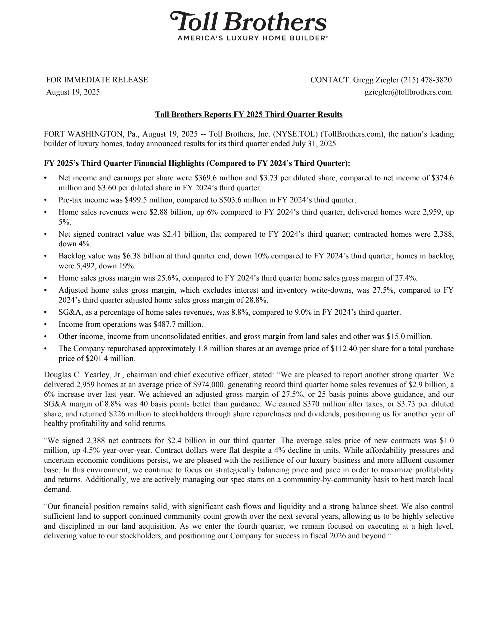 Toll Brothers' Q3 2025 Press Release