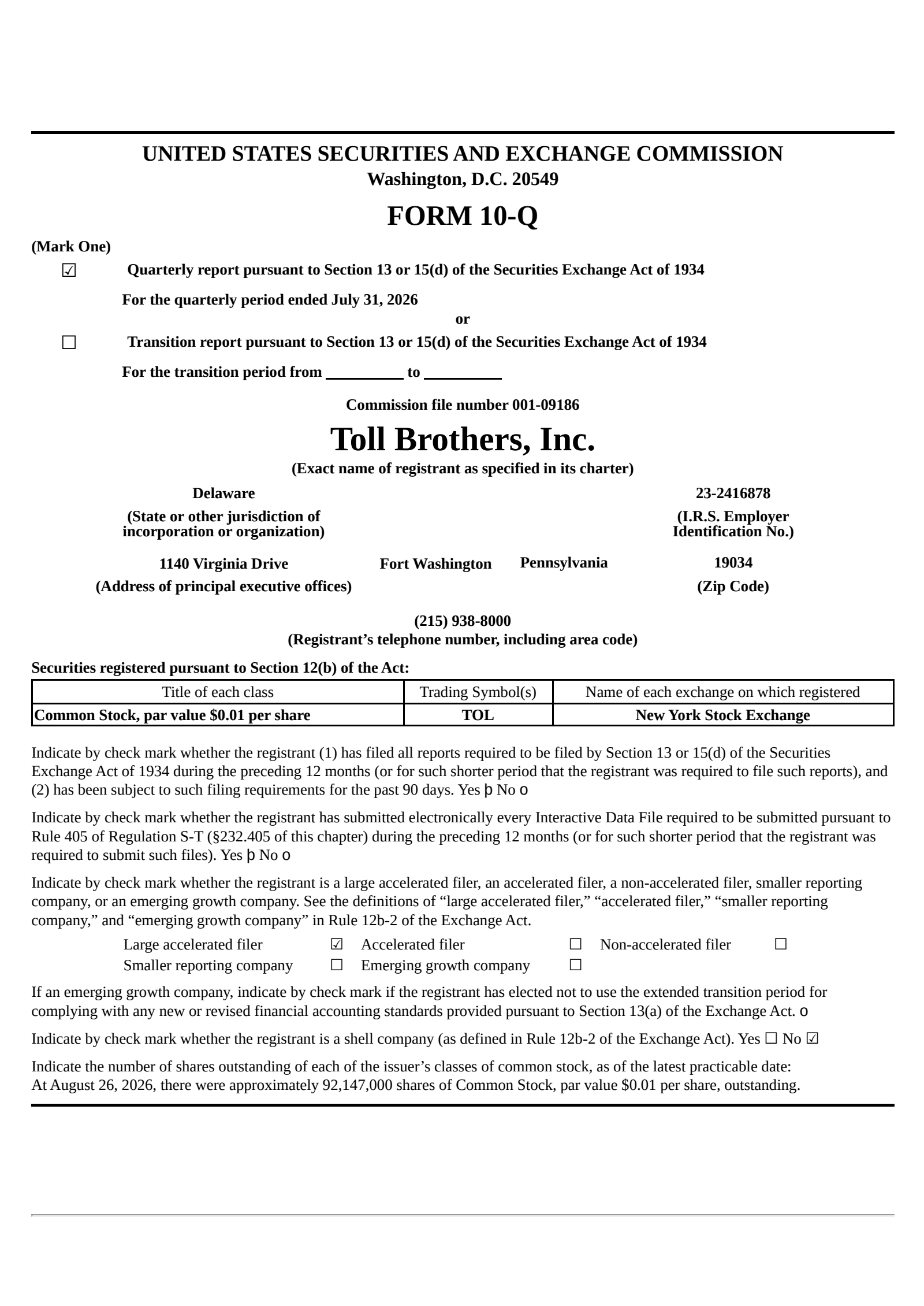 Toll Brothers' Q3 2026 Quarterly report