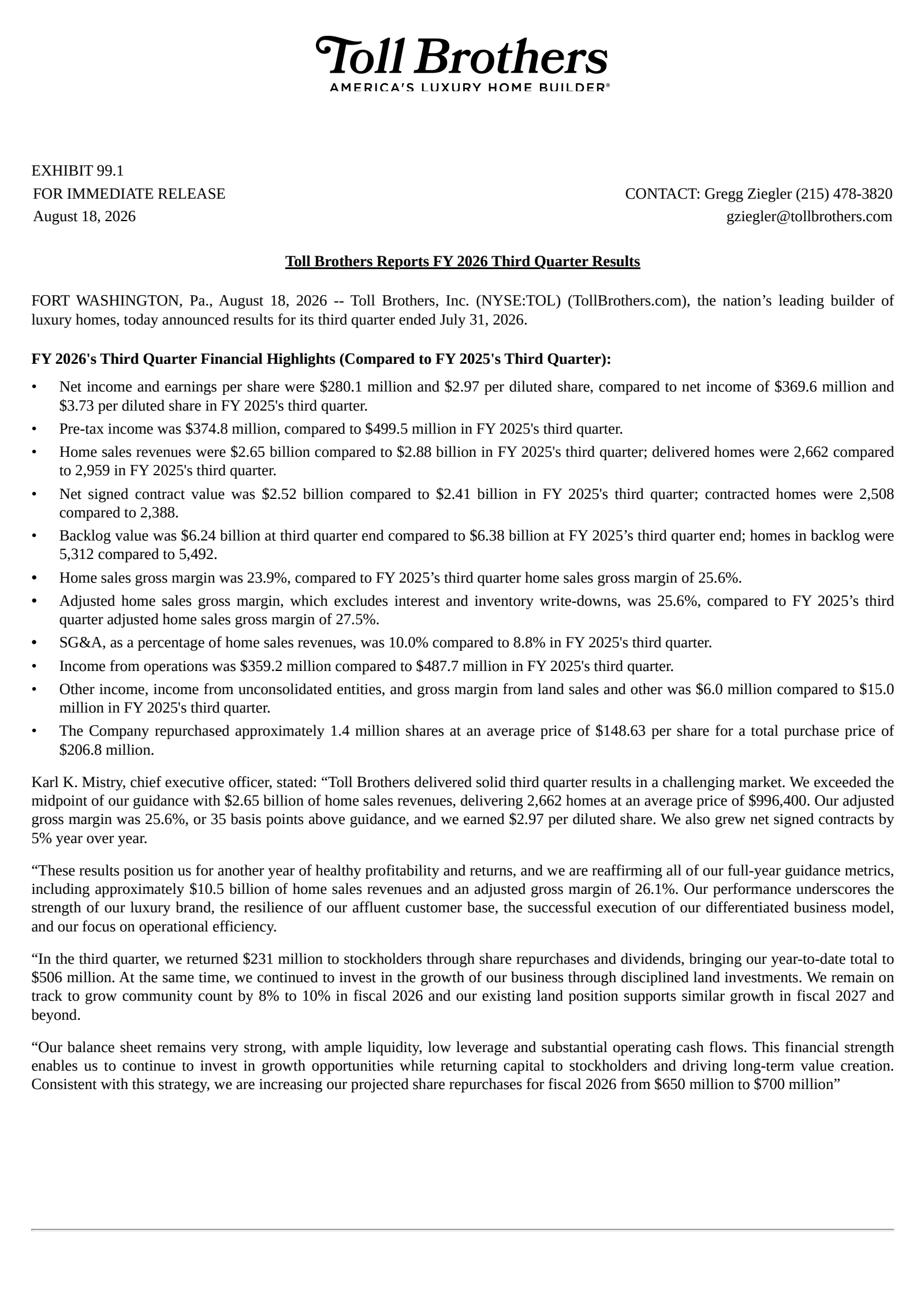 Toll Brothers' Q3 2026 Press Release