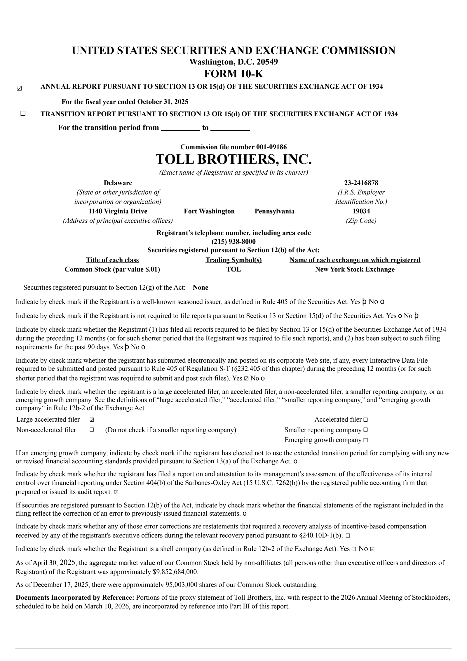 Toll Brothers' Q4 2025 Annual Report