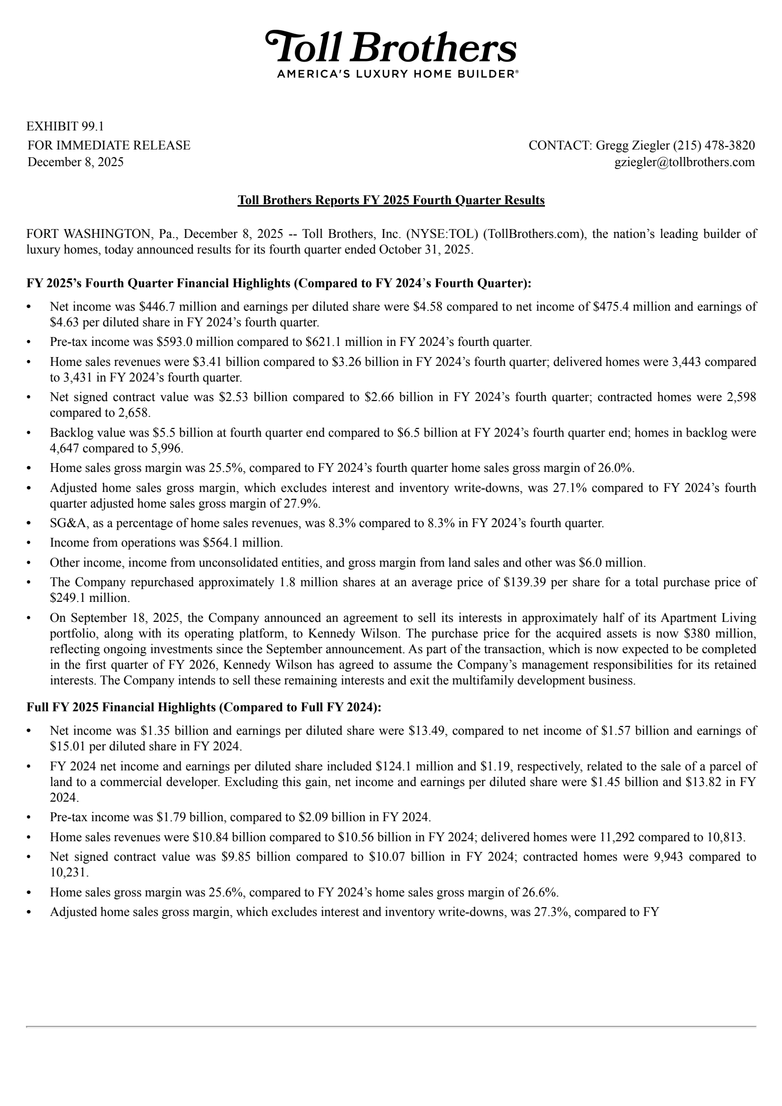 Toll Brothers' Q4 2025 Earnings Release