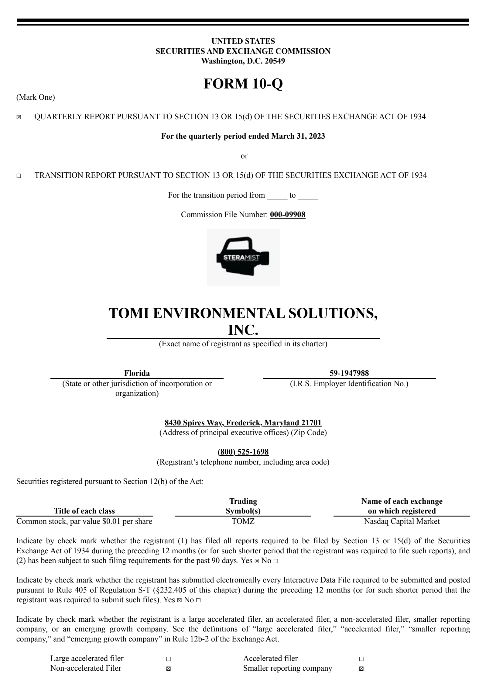 TOMI Environmental Solutions' Q1 2023 Quarterly report