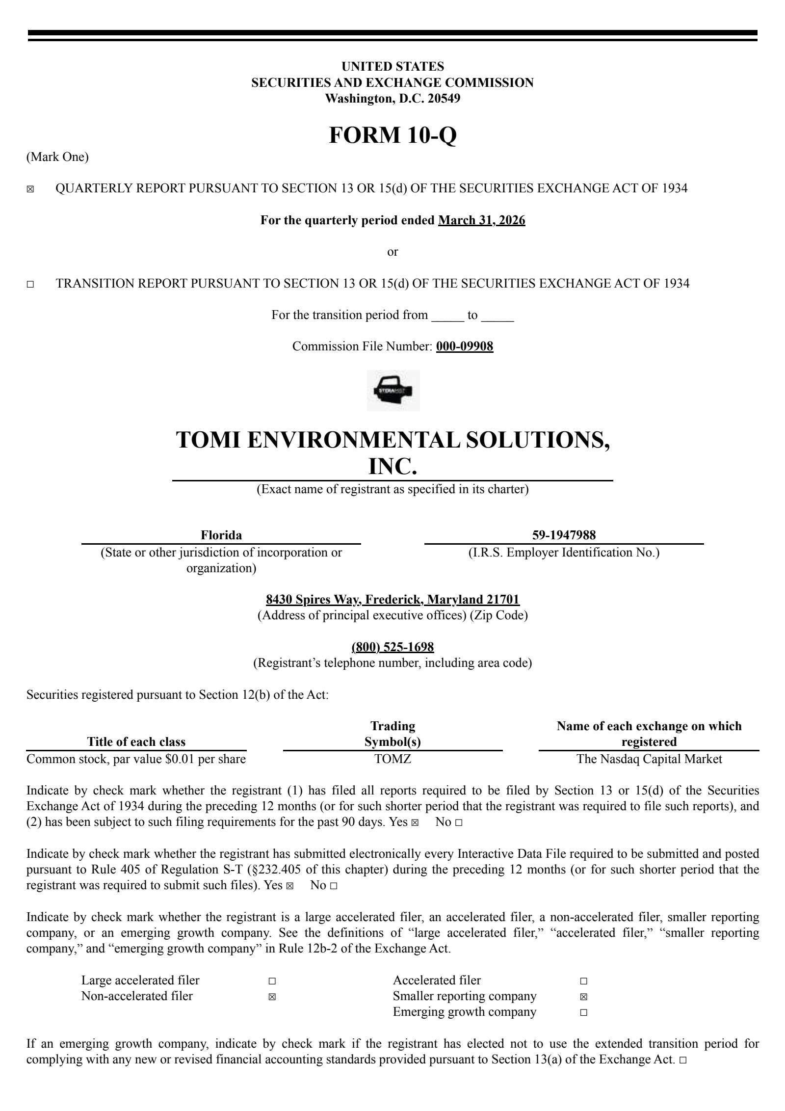 TOMI Environmental Solutions' Q1 2026 Quarterly report