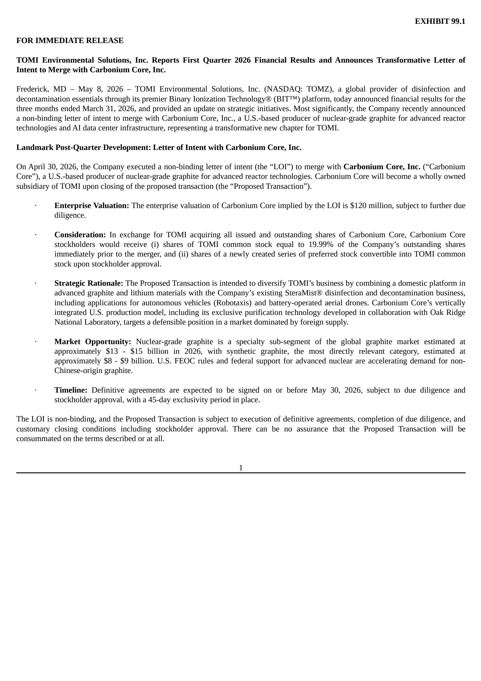TOMI Environmental Solutions' Q1 2026 Press Release