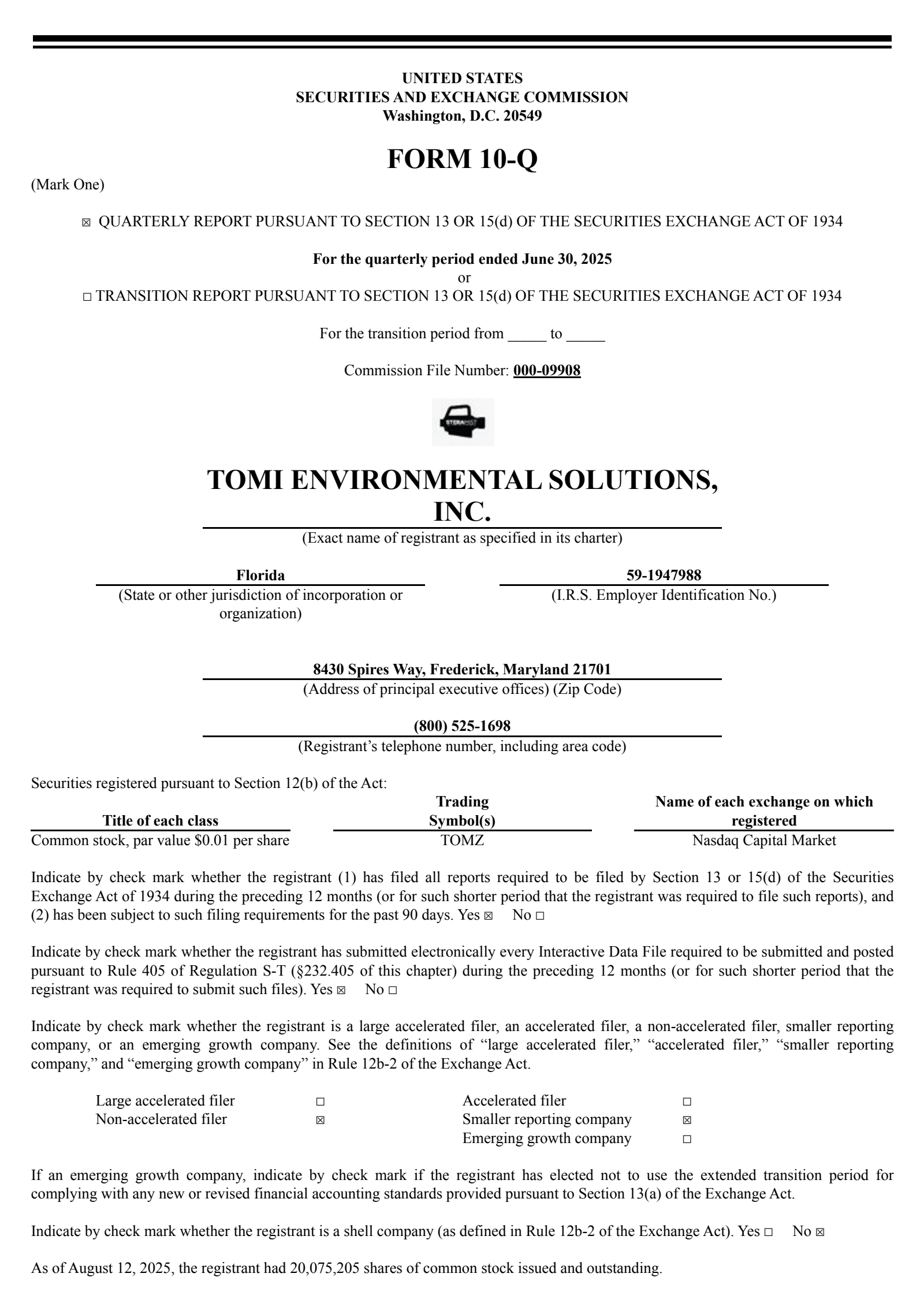 TOMI Environmental Solutions' Q2 2025 Quarterly report