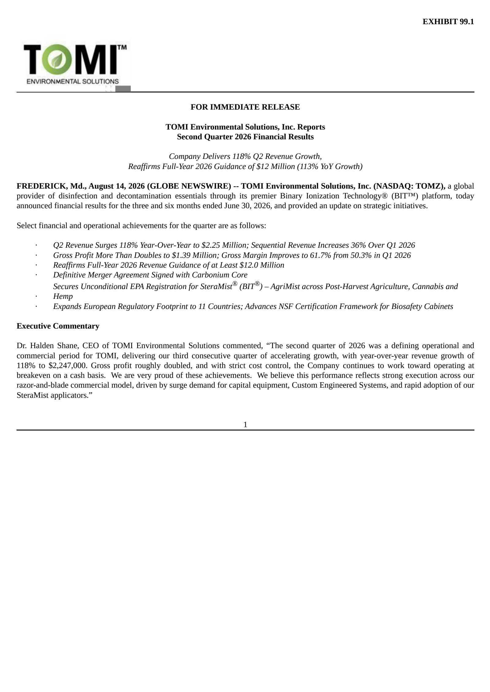 TOMI Environmental Solutions' Q2 2026 Press Release