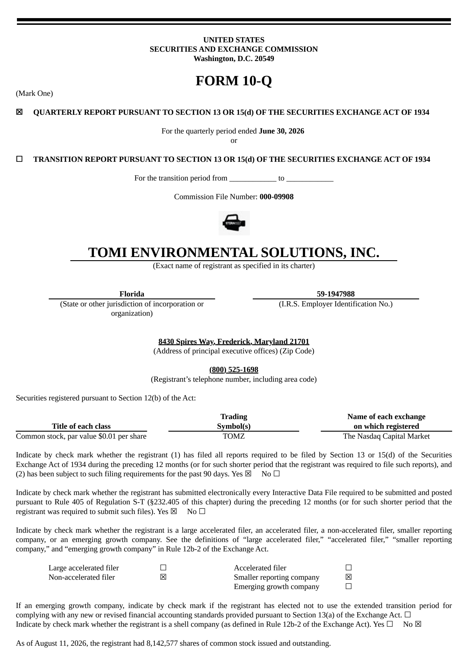 TOMI Environmental Solutions' Q2 2026 Quarterly report