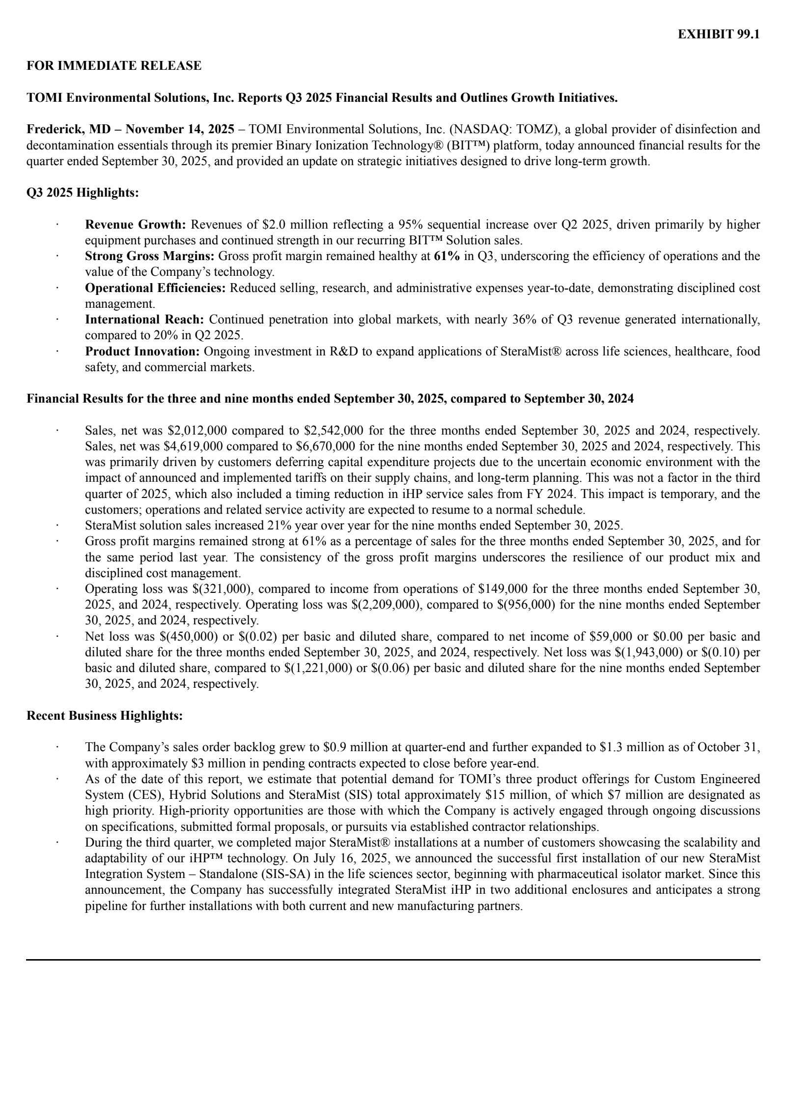 TOMI Environmental Solutions' Q3 2025 Earnings Release