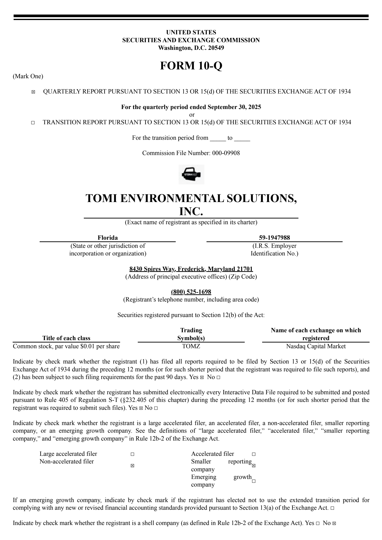 TOMI Environmental Solutions' Q3 2025 Quarterly Report